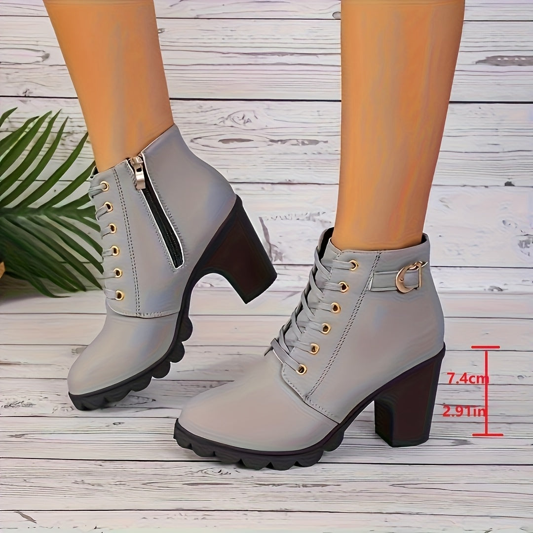 Women Chunky Heel Ankle Boots Faux Cover Zipper Comfortable All-Season