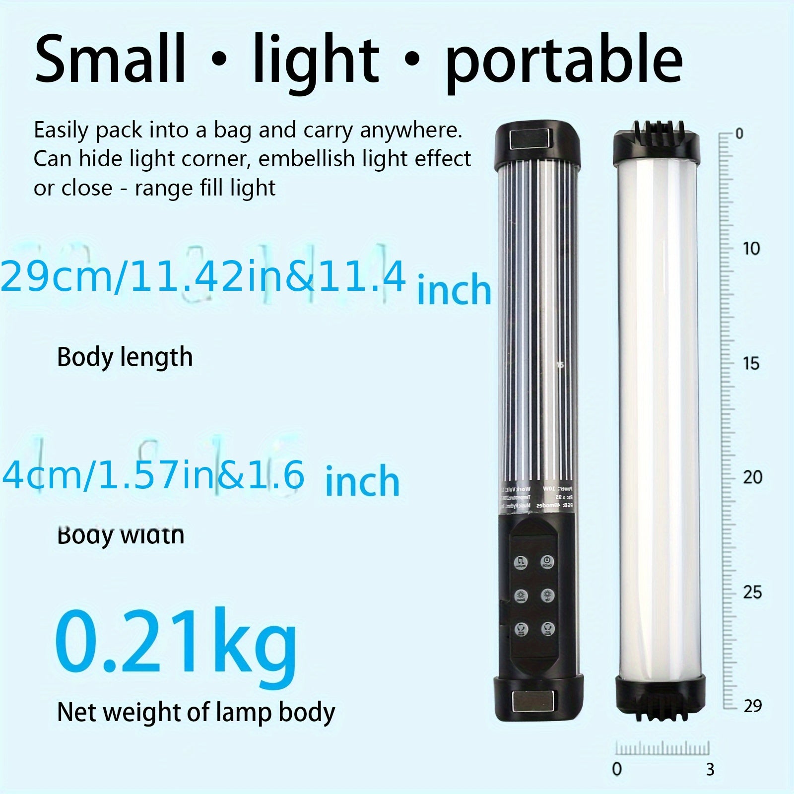 11 dyuymli qo‘l bilan ushlanadigan RGB LED video yoritgich tayoqchasi, sozlanadigan rang harorati 2700K-7500K va USB orqali quvvatlanadigan batareyali