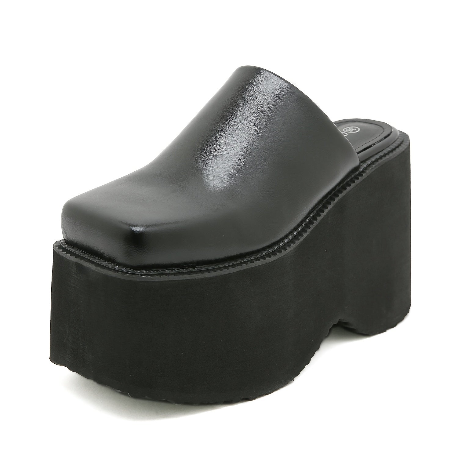 Women Black Square Toe Platform Mules Slip-On Loafers with Thick Heels