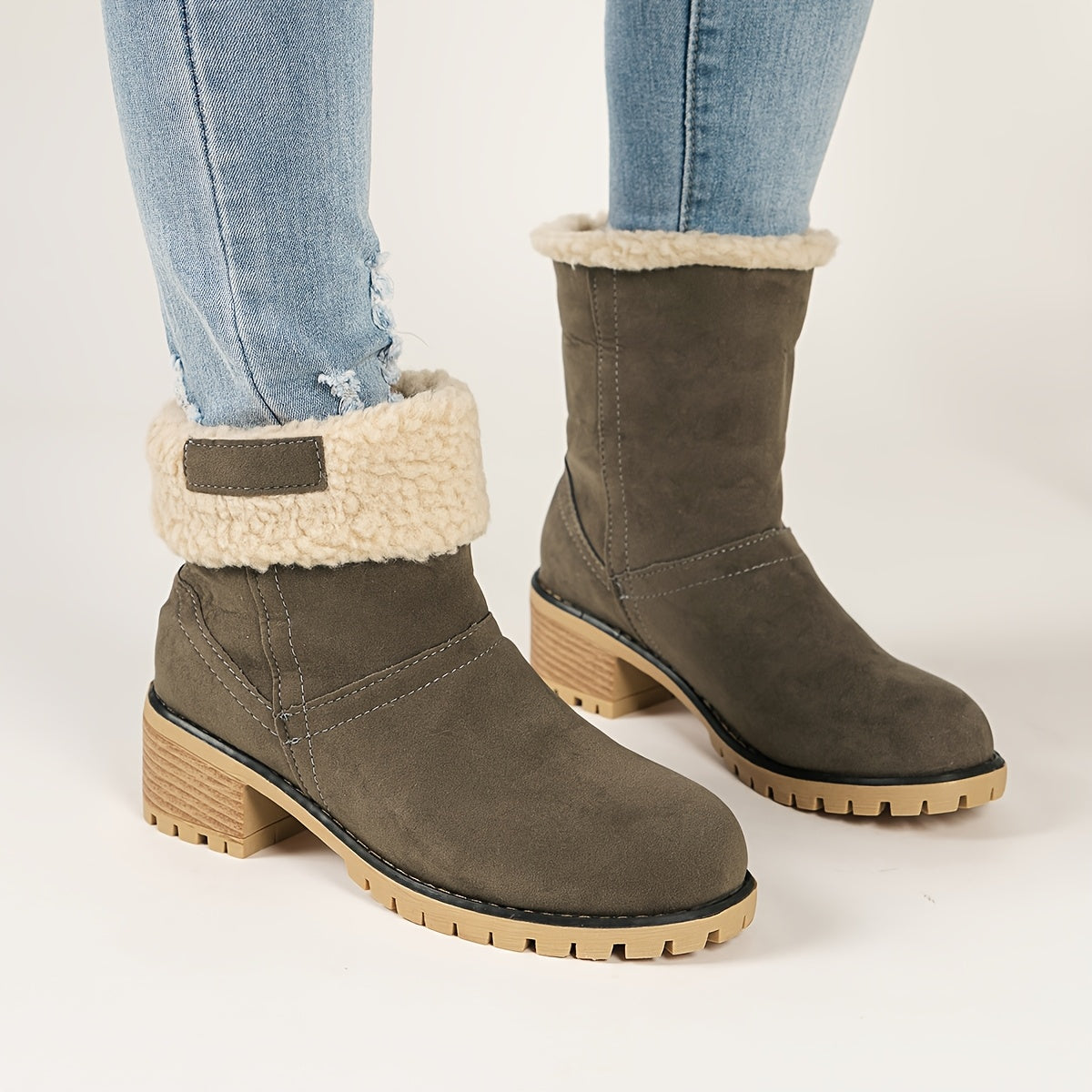 Women's Fleece-Lined Ankle Boots Winter Mid-Calf Thick Rubber Sole