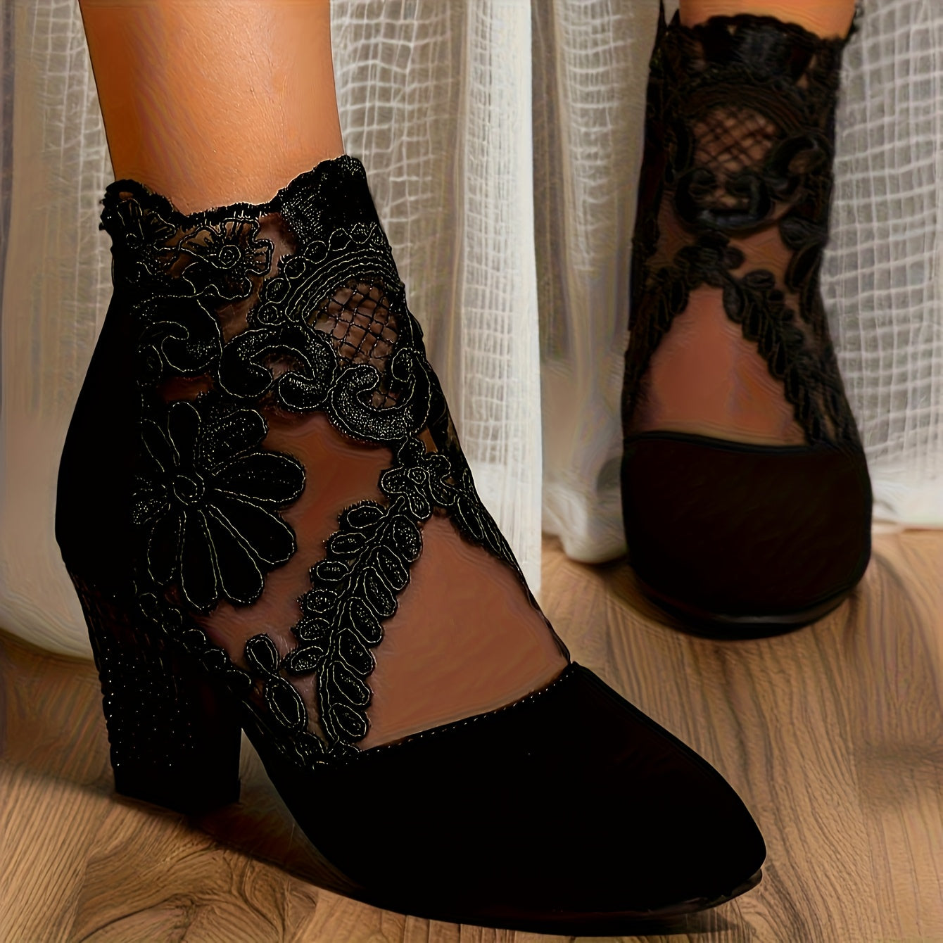 Women Floral Print Lace Ankle Boots Breathable Mesh Block Heel Versatile