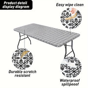 Baroque Style Waterproof Fitted Tablecloth with Elastic Flannel Backing for Outdoor Use