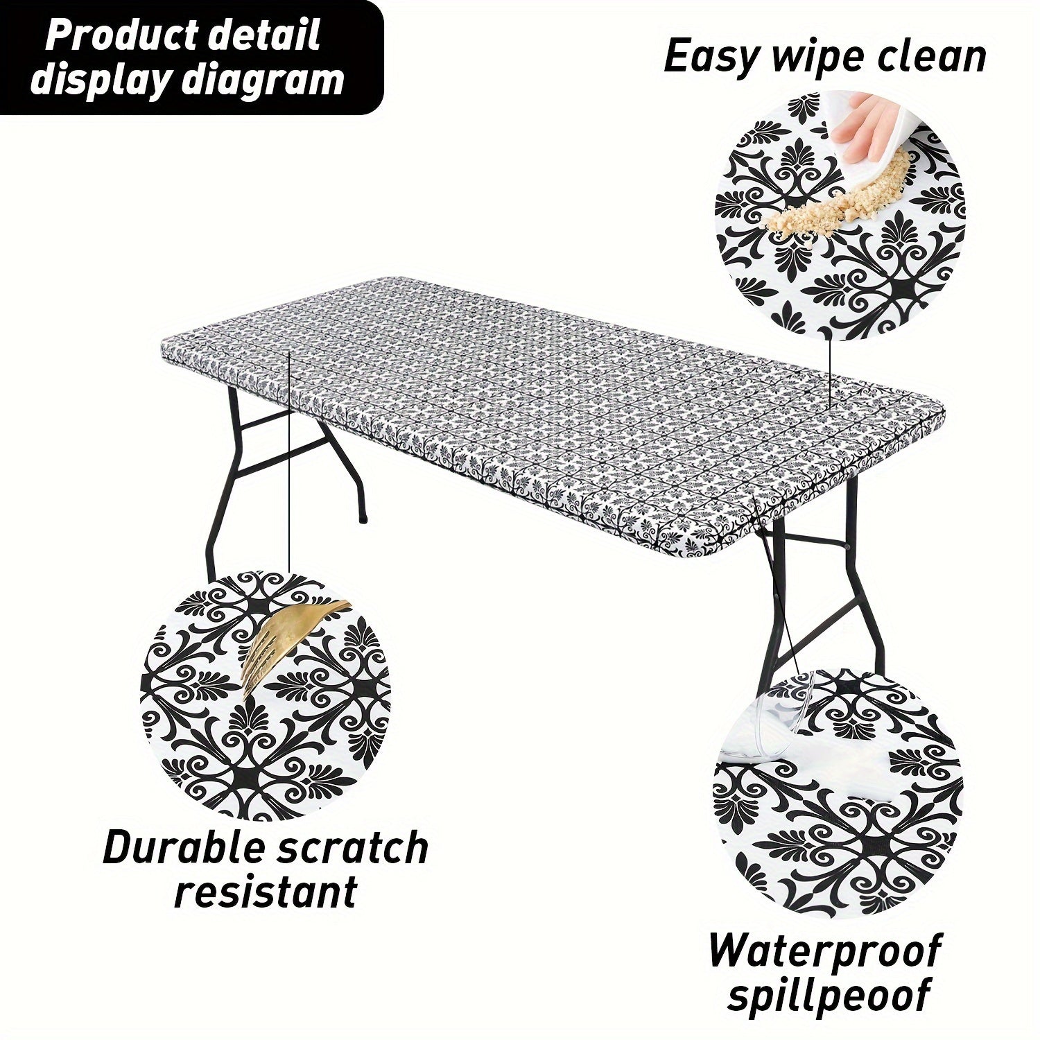 Baroque Style Waterproof Fitted Tablecloth with Elastic Flannel Backing for Outdoor Use
