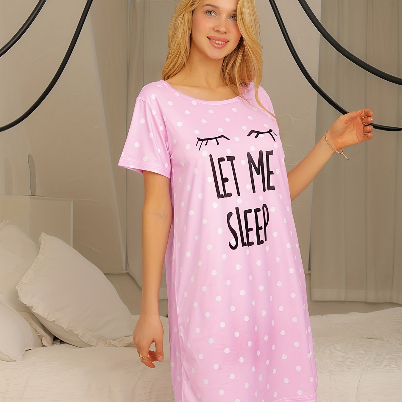 Pink Polka Dot Women's Nightgown Short Sleeve Round Neck Summer Sleep Dress Polyester Elastane