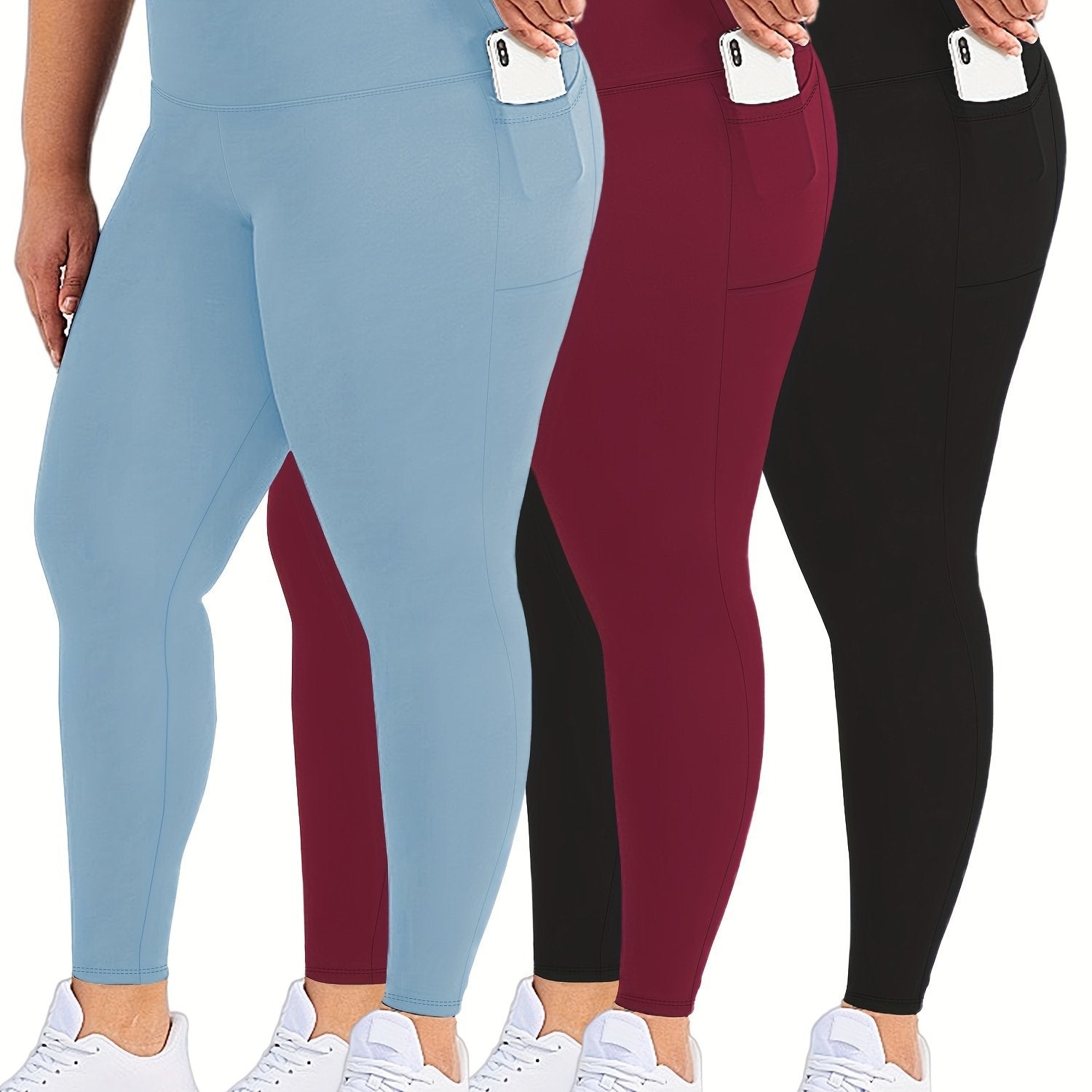 Plus Size Womens Black Pockets High Waisted Tummy Control Leggings Set