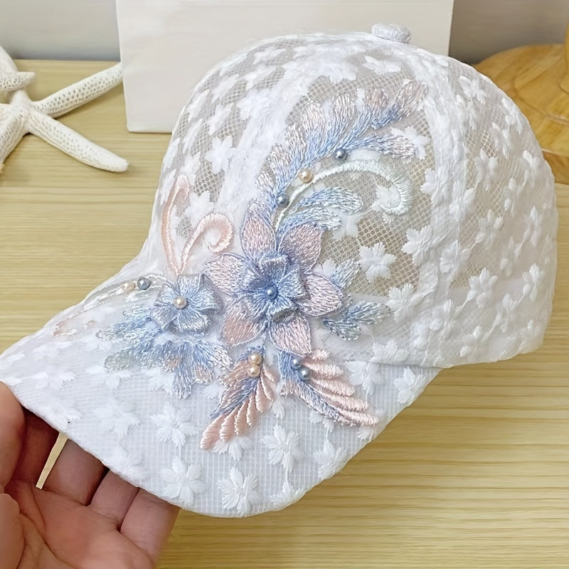 Women's Mesh Baseball Cap with Flower Embroidery Faux Pearl Lace Adjustable Breathable