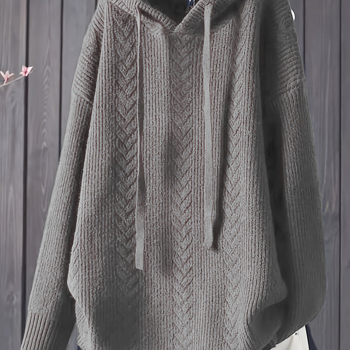 Women's Navy Blue Hooded Sweater with Drawstring and Ribbed Texture