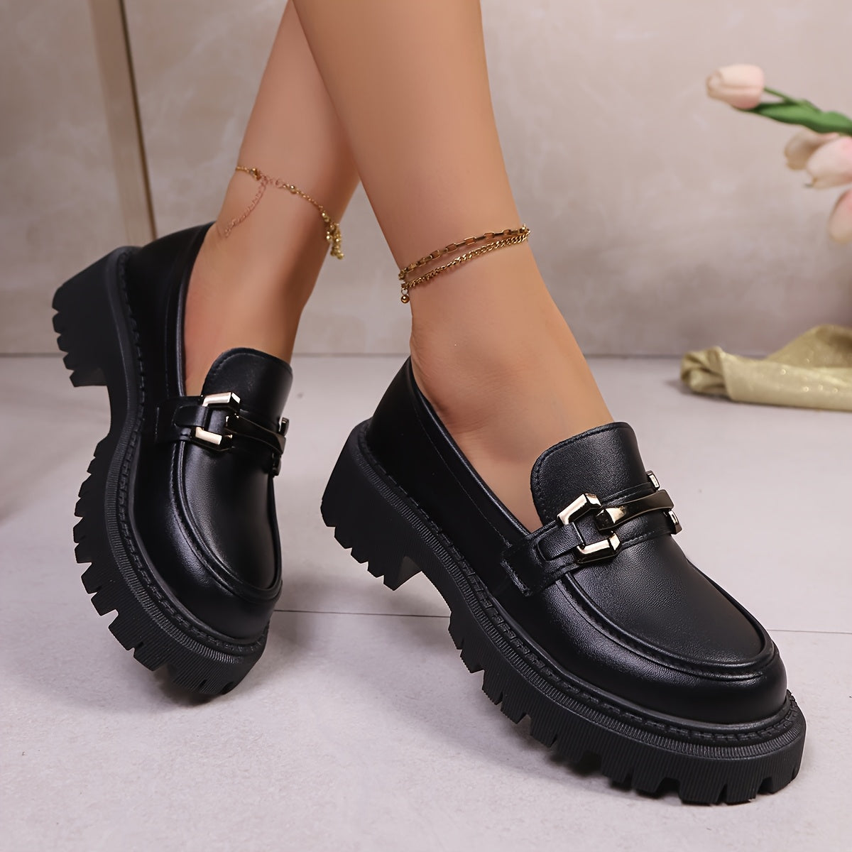 Women's Chunky Platform Loafers with Metal Chain Buckle Casual Slip-On Shoes