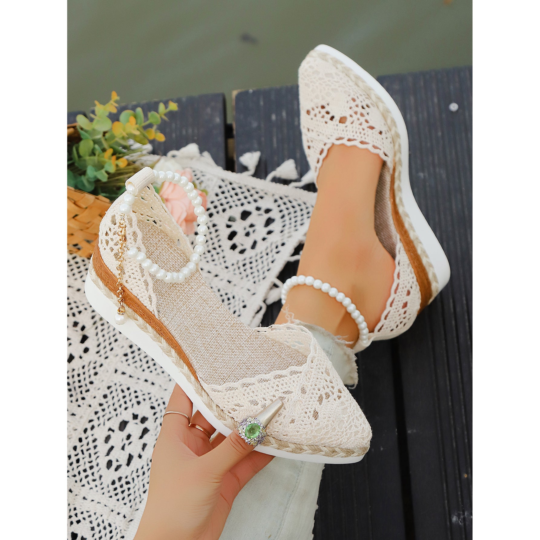 Women's Jute Wedge Sandals with Pointed Toe and Cushioned Heel