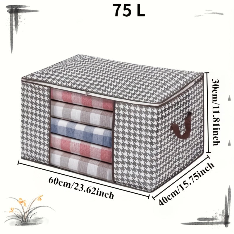 Large Houndstooth Fabric Storage Bag with Zipper Handle for Clothes and Linens