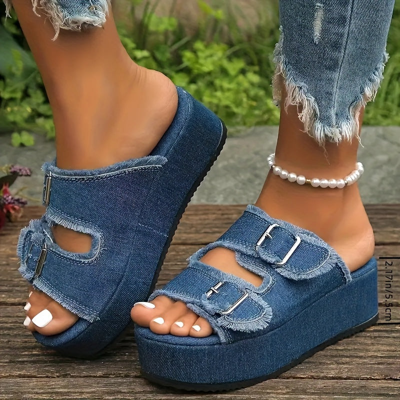 Women's Casual Wedge Sandals with Double Buckle and Open Toes