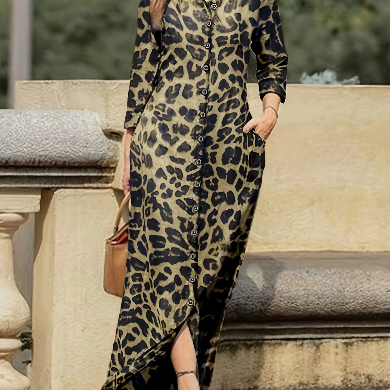 Women's Leopard Print Maxi Dress with Button Front for Fall and Spring