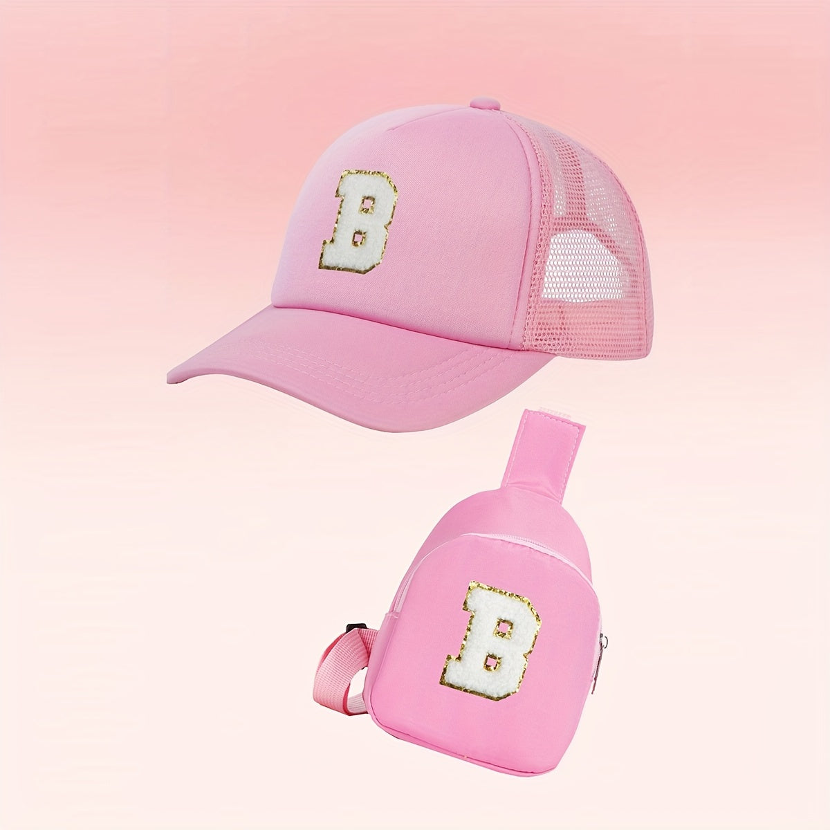 Girls Alphabet-Themed 2-Piece Baseball Cap and Bag Set Polyester Breathable Fitted for Ages 3-14