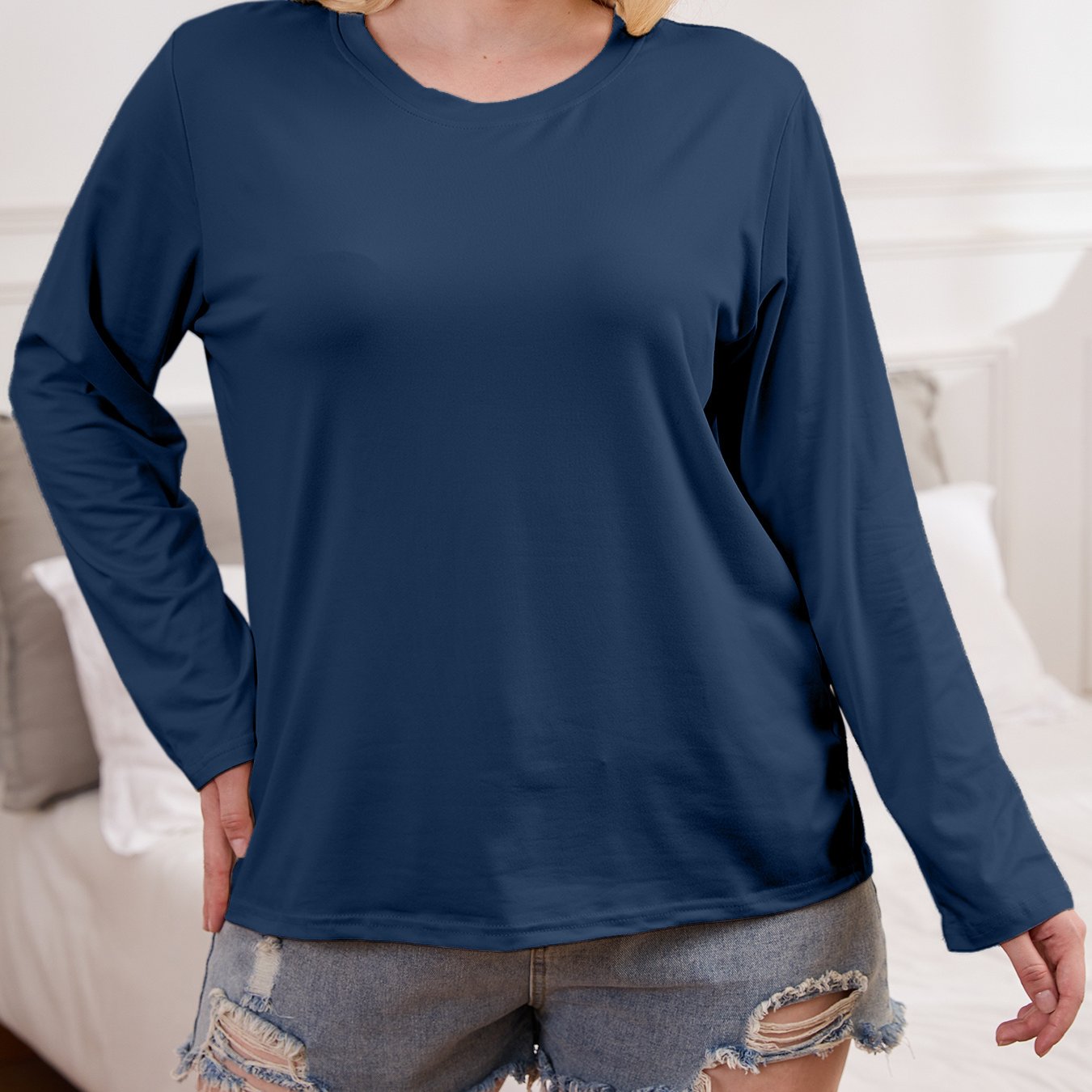 Футболка большого размера с длинным рукавом, дышащая, эластичная, с круглым вырезом, однотонная, для всех сезонов