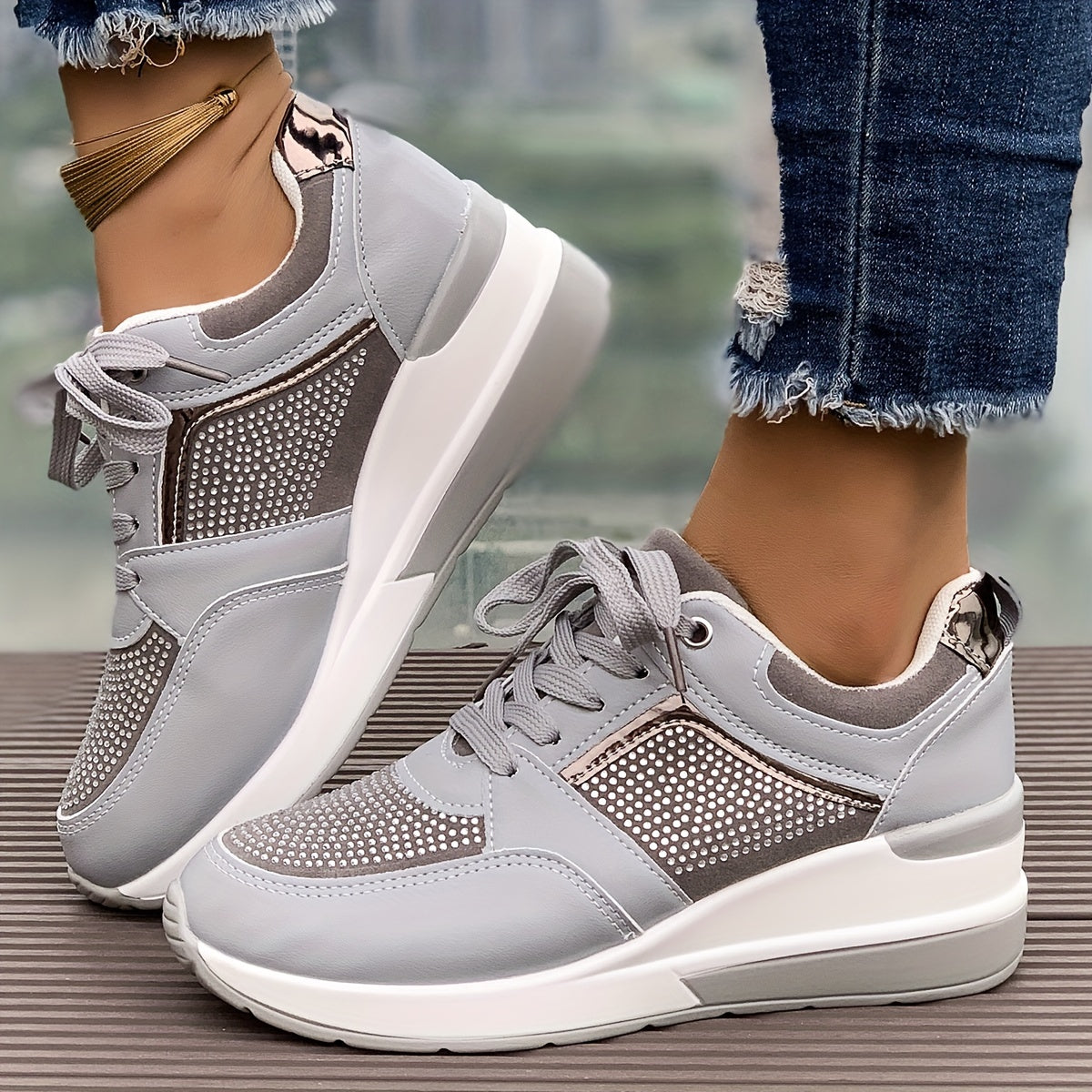 Women's Rhinestone Decor Athletic Shoes, Lace-Up Low Top Running Sneakers, Plus Size