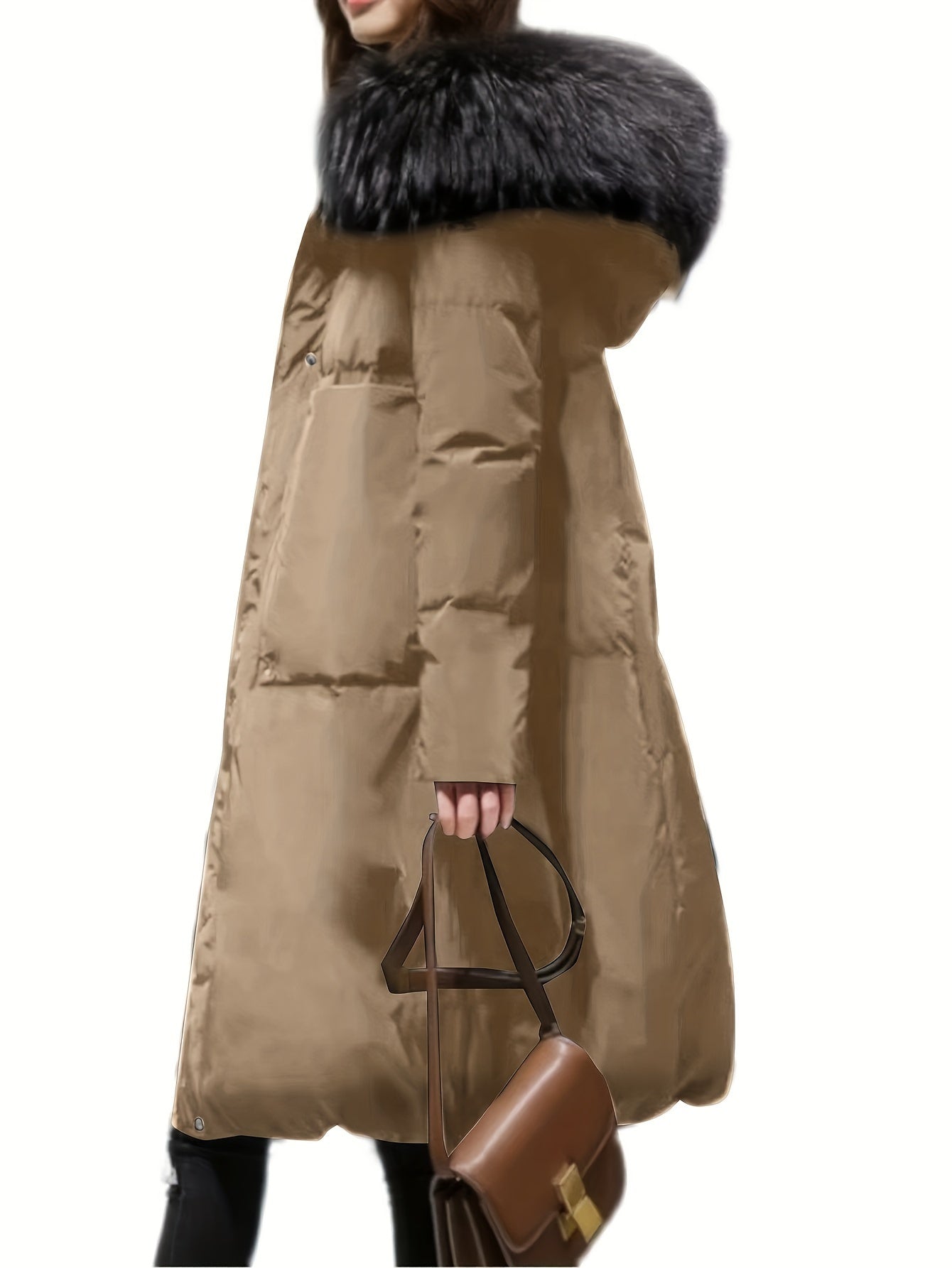 Winter Long Coat with Hood Faux Fur Trim Solid Color Polyester Casual Warm Outerwear