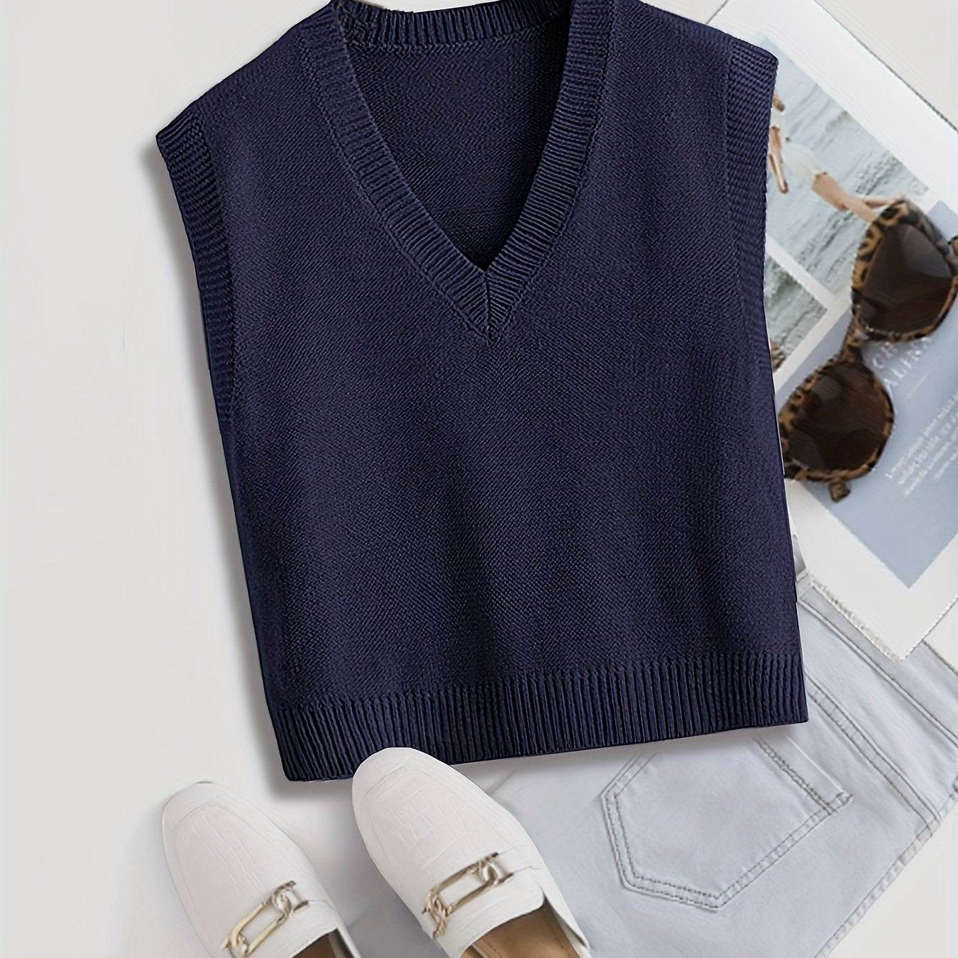 Women's Ribbed V Neck Sleeveless Sweater Vest Solid Knit Spring Fall