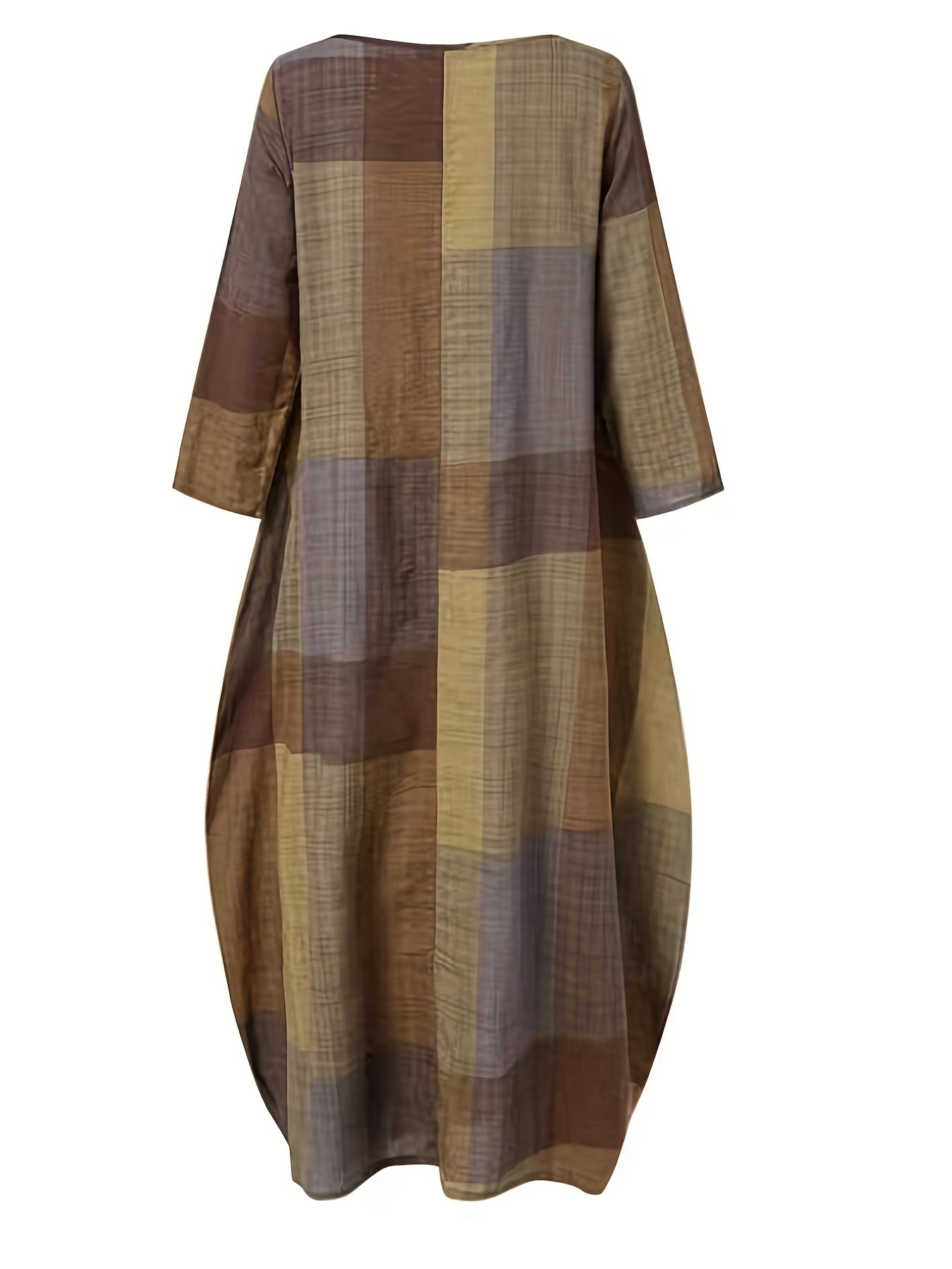 Plus Size Women's Colorblock Grid Print Maxi Dress with Long Sleeves and Round Neck