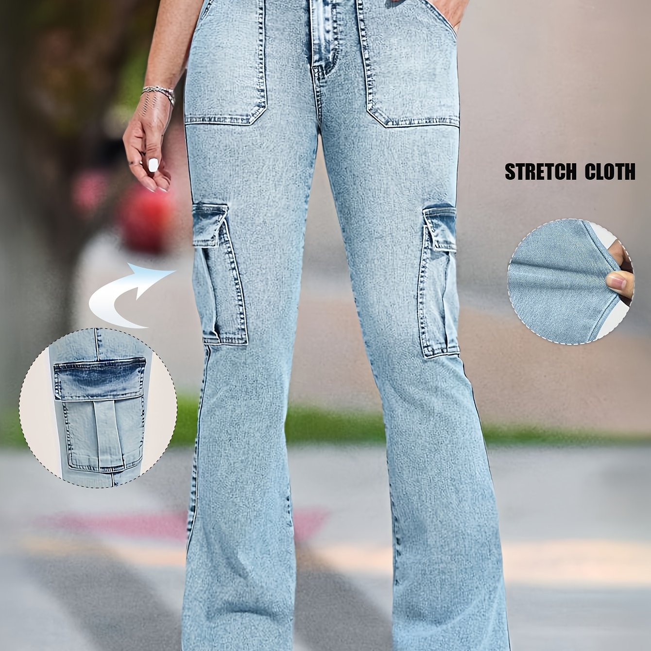 Women's Plus Size Washed Cargo Jeans With Flap Pockets, Stretchy, Mid-Rise