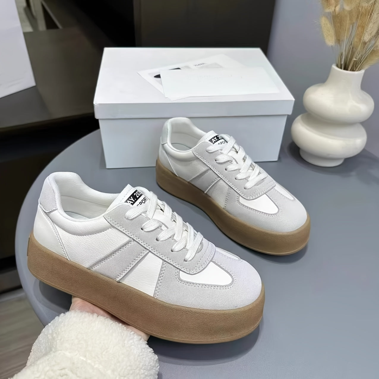 Women's Chunky Platform Sneakers White Brown Casual Lace-Up Shoes