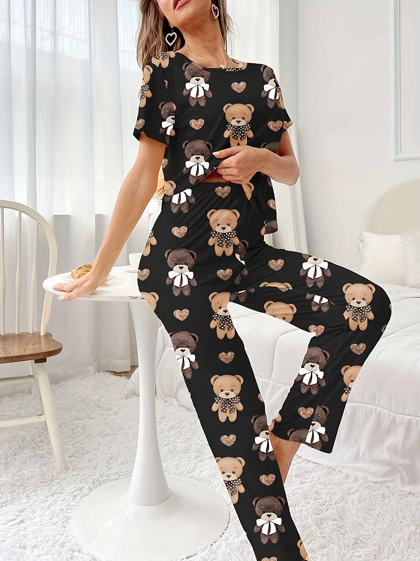 Women's Sleepwear Set with Cartoon Bear and Heart Print Short Sleeve Top and Elastic Pants