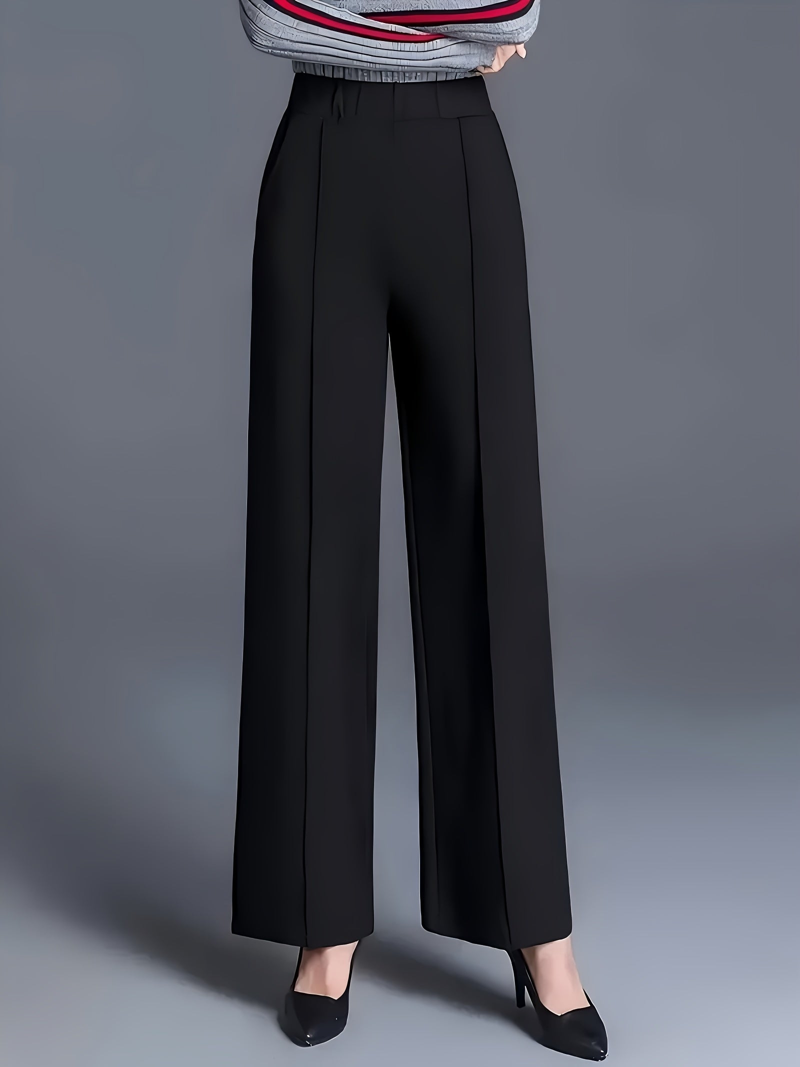 Women's High Waist Wide Leg Polyester Pants Solid Color Elastic Waist for Casual and Office Wear