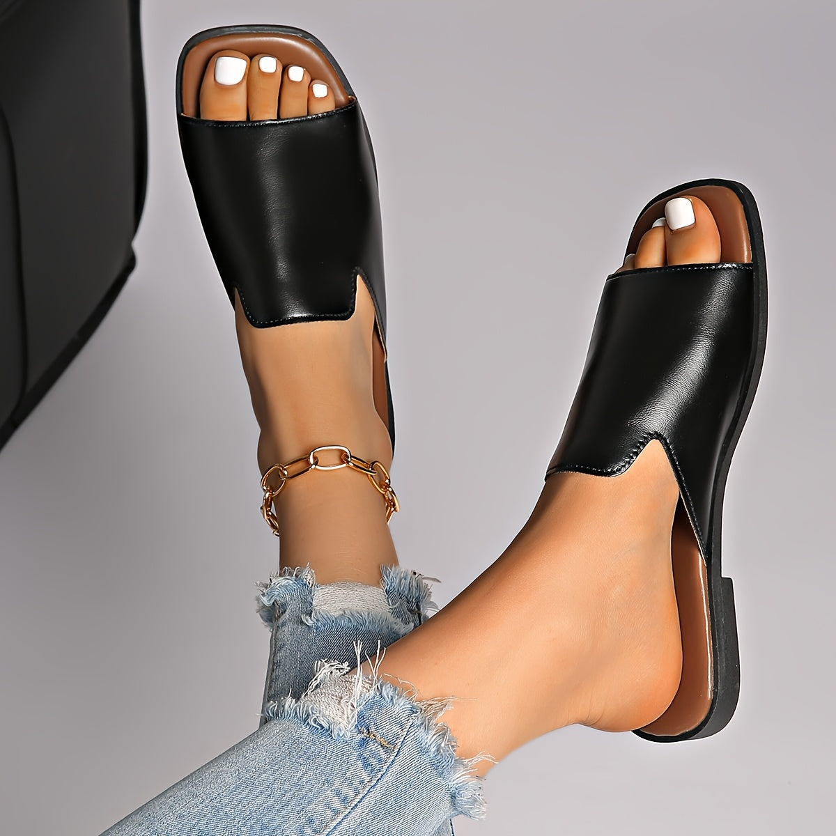 Women's Summer Flat Sandals Black Faux Cover Tan Sole Slip-On Arch Support