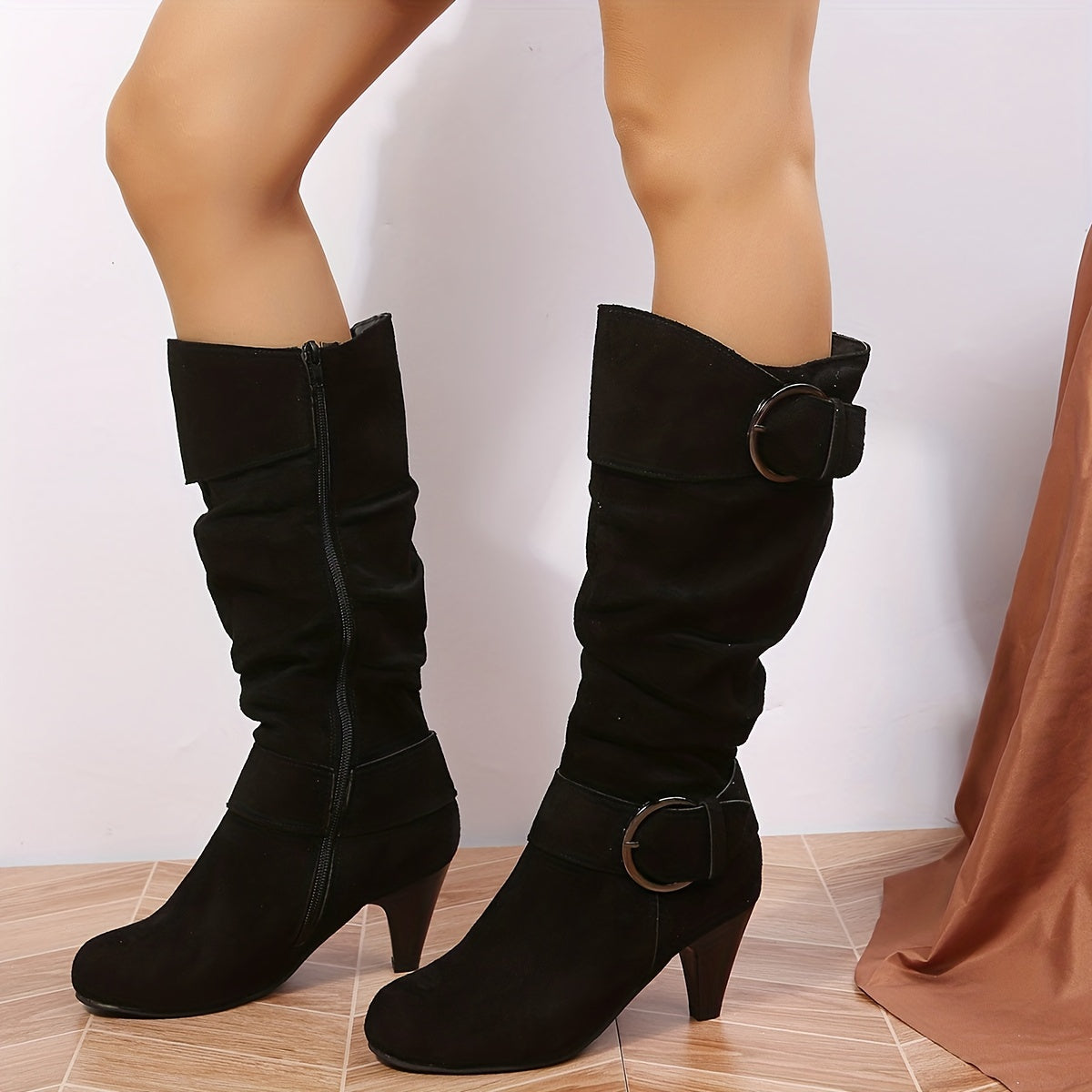 Women's Suedette Slouch Knee High Boots with Side Zipper and Buckle