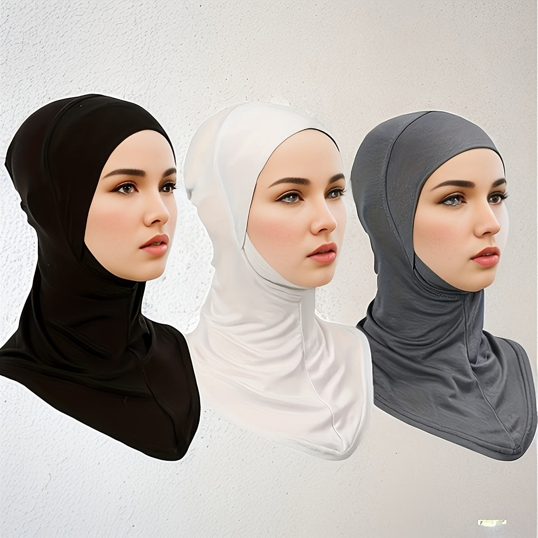 Women’s Elastic Modal Hijab Caps Pack of 3 Breathable Polyester Solid Color Head Wraps with Snap Closure