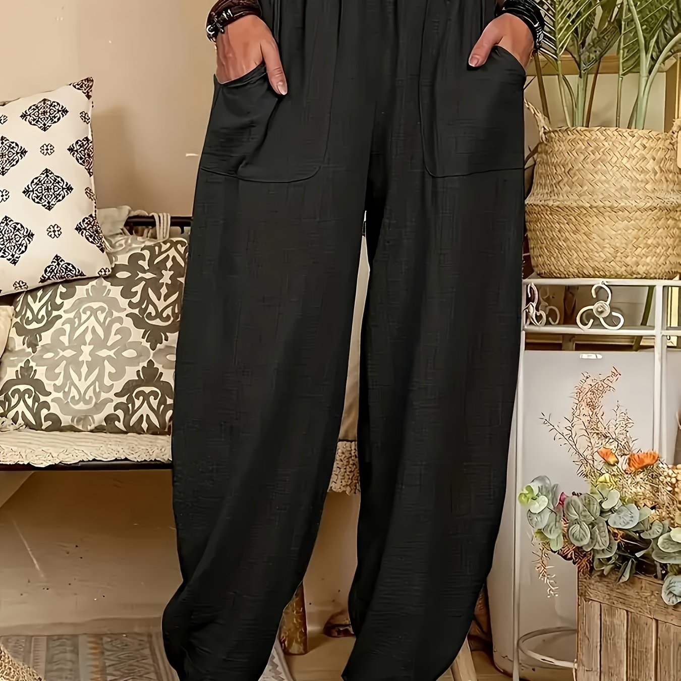 Plus Size Polyester Harem Pants with Elastic Waist Pockets for All Seasons