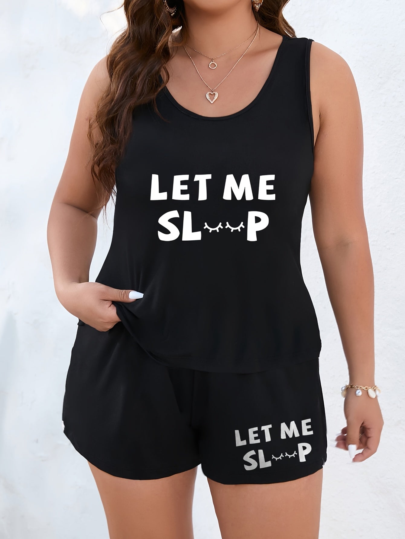 Women Plus Size Pajama Set Round Neck Letter Print Comfortable Sleepwear