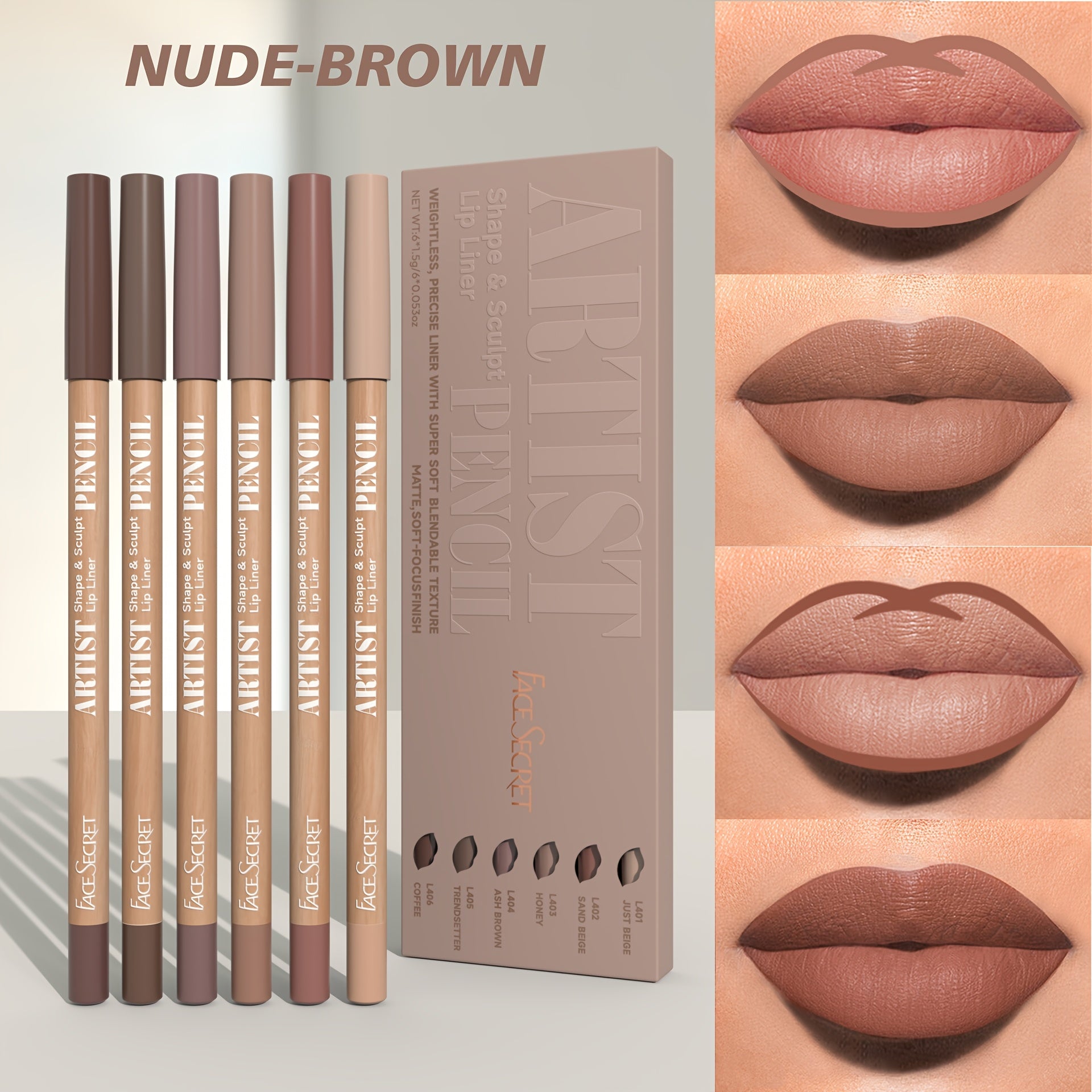 Set of 6 Long-Lasting Matte Lip Liners in 18 Natural Colors