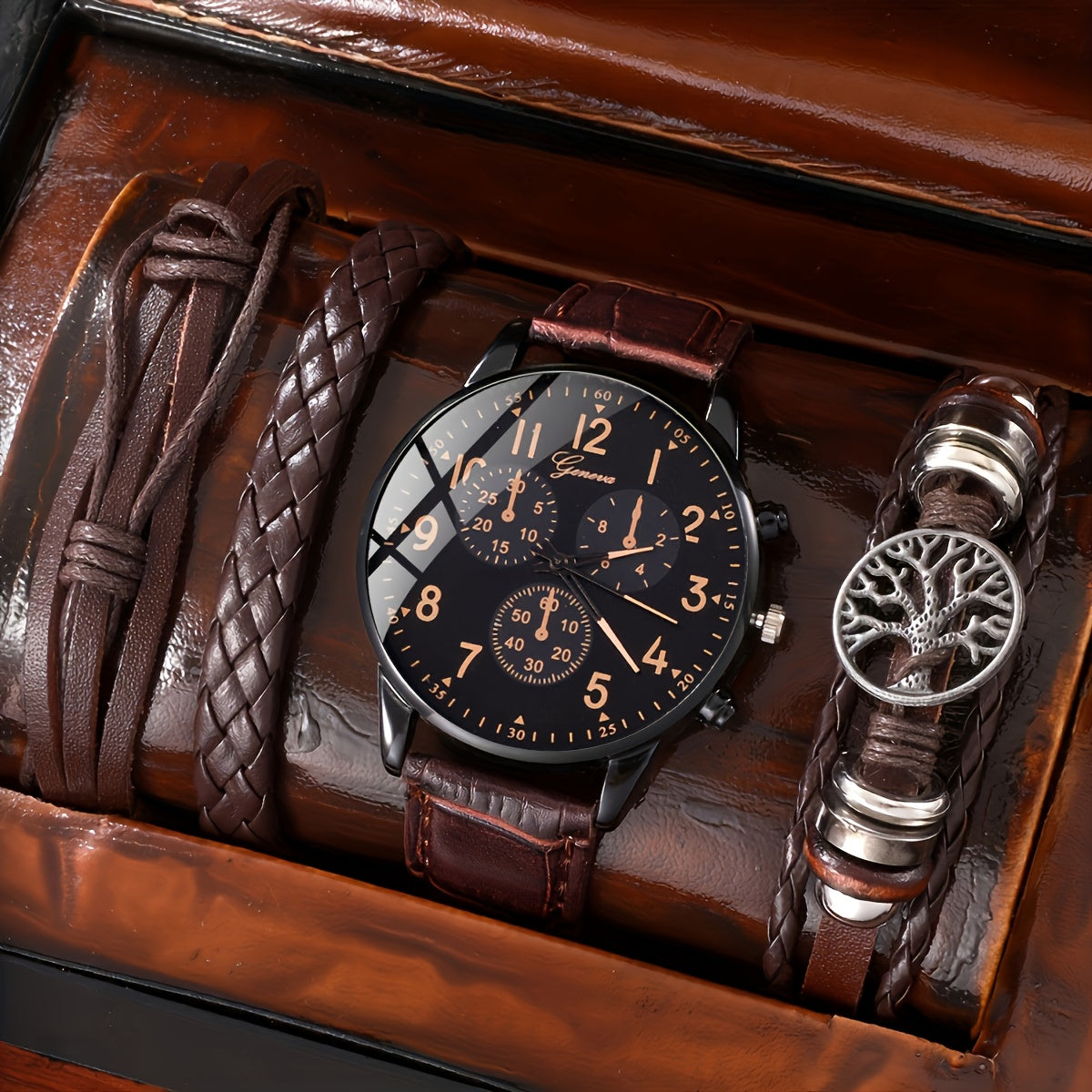 4-qismli to'plam, Erkaklar uchun minimalist va zamonaviy kichik diali kvarts soat va bilaguzuk to'plami, uning uchun mukammal sovg'a.