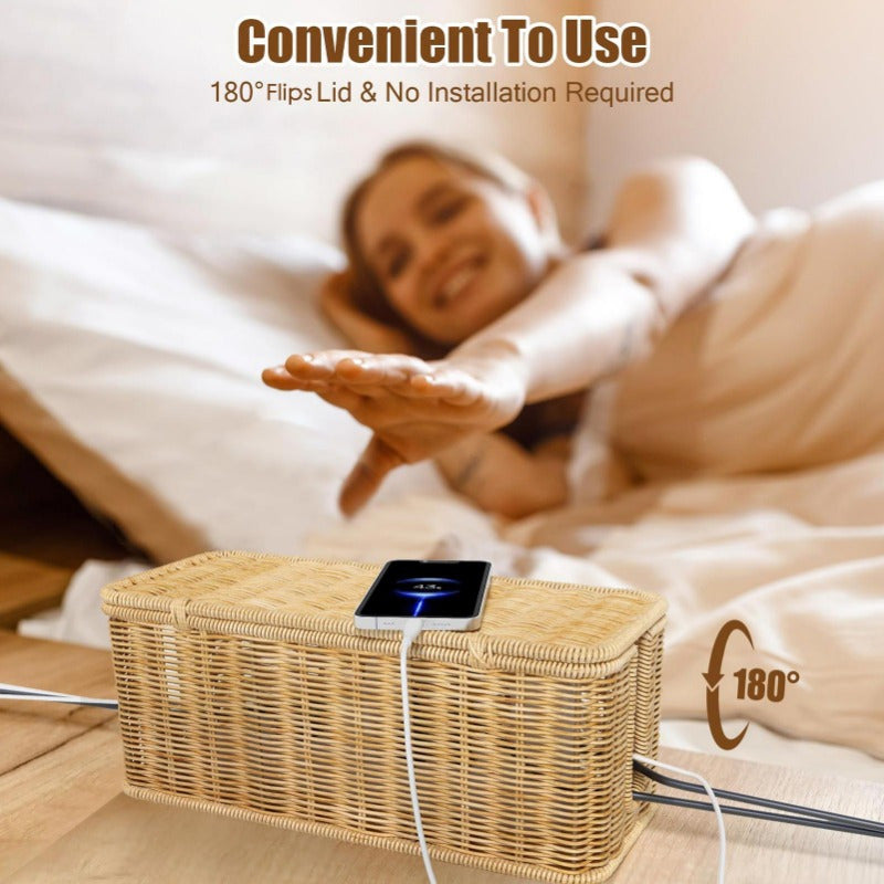 Hand-Woven Imitation Rattan Cable Management Box with Cover for Desk Organizer