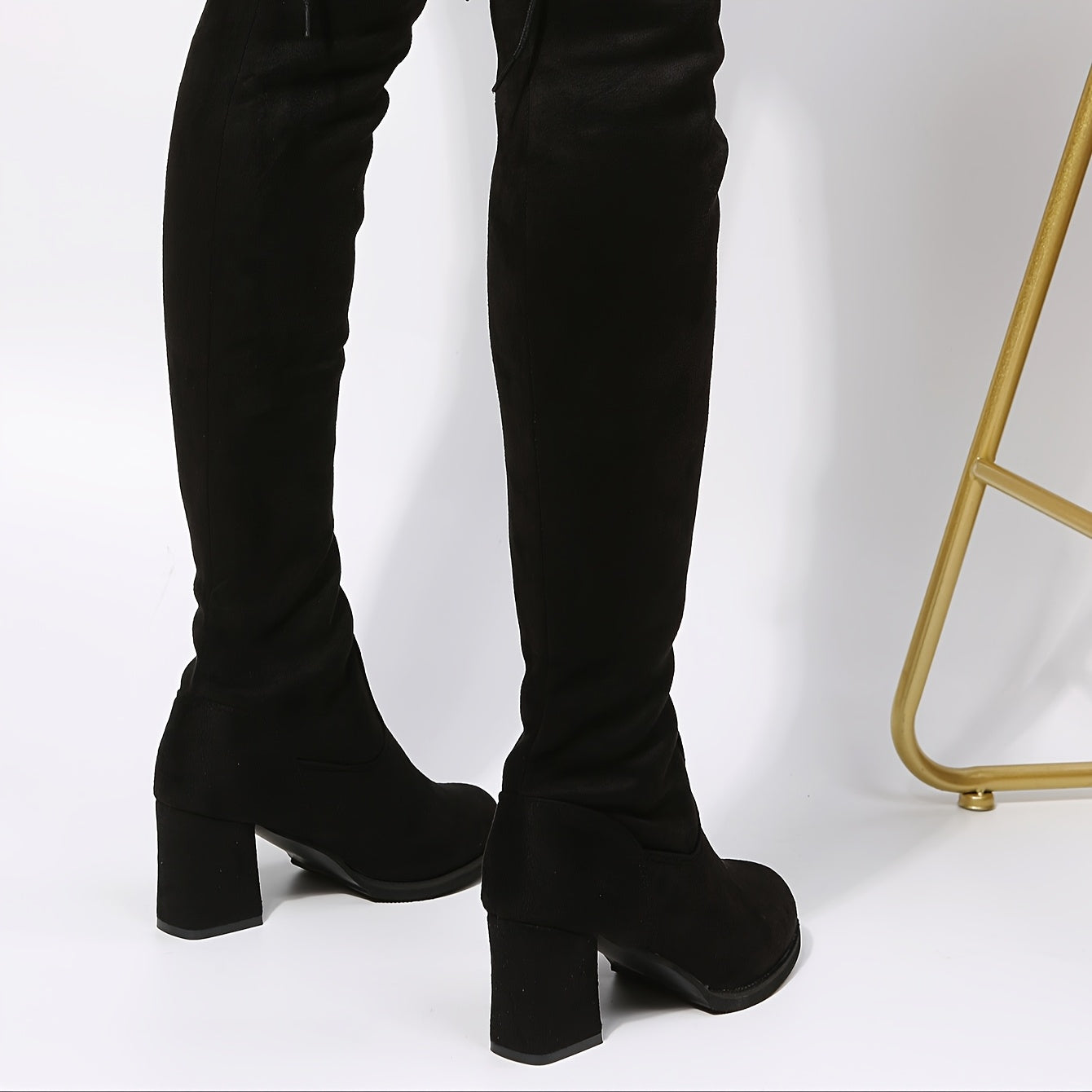Women's Long Leather Boots Knee High Heels Heightening Finger Black