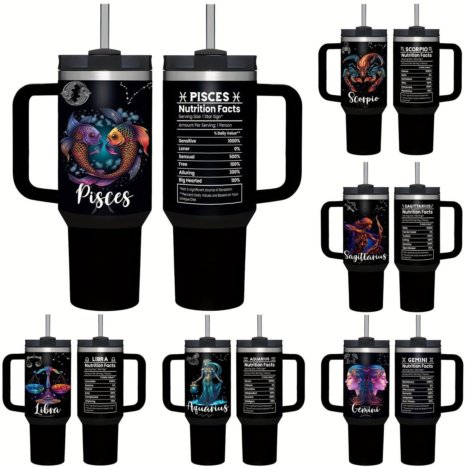 40oz zanglamaydigan po'latdan yasalgan Zodiac Tumbler, tutqich va quvurlik bilan, suyuqlik o'tkazmaydigan, BPAsiz, astrologiya uchun qahva stakani, erkaklar va ayollar uchun