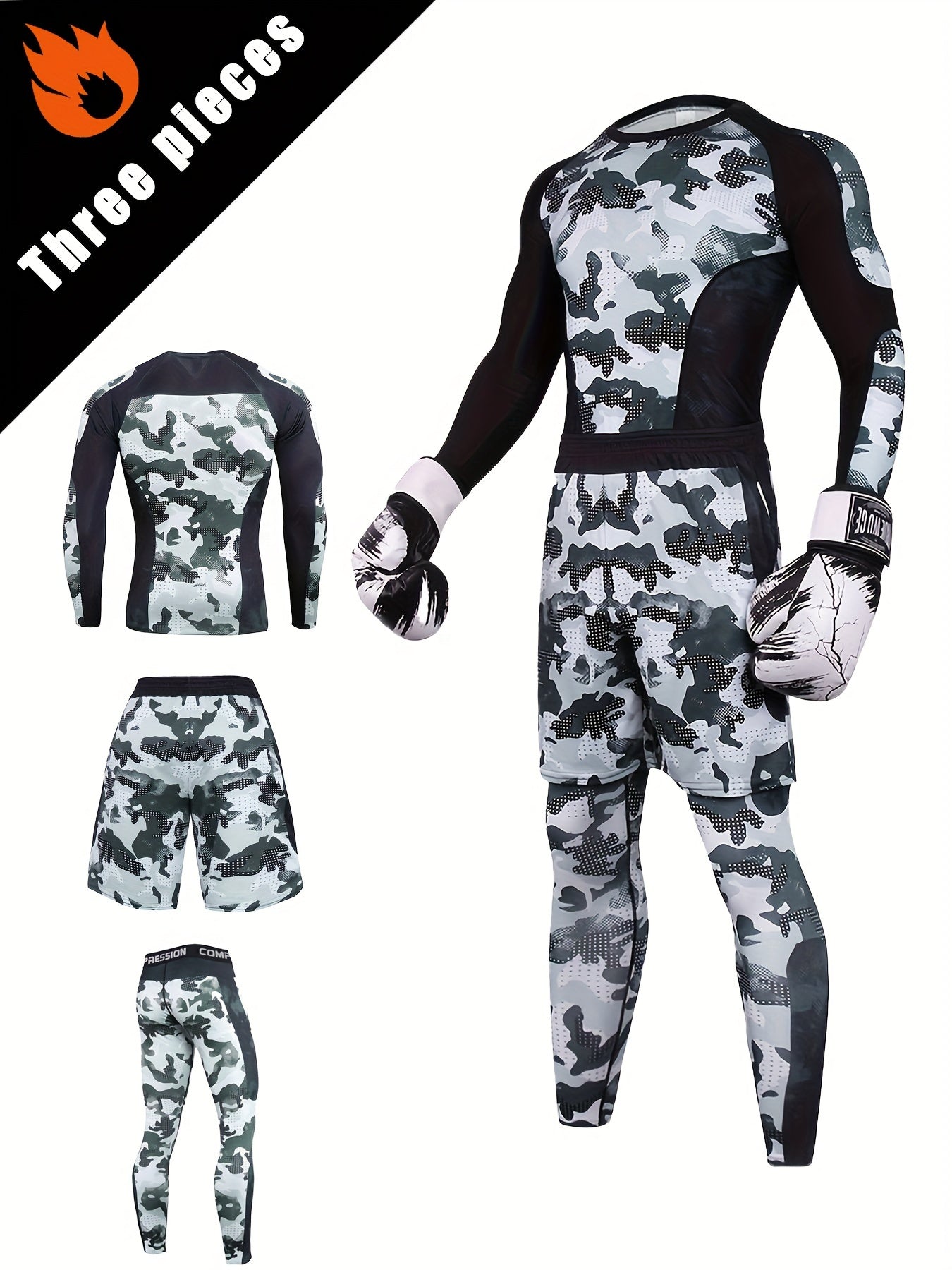 Men's Camo Compression Set Long Sleeve Top Shorts Leggings Athletic Training Outdoor