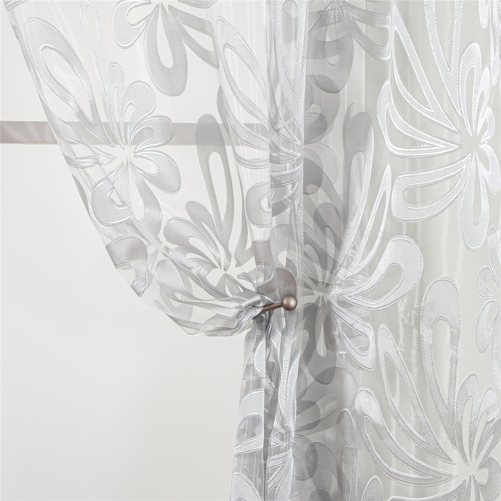 Geometric Sheer Curtain Panel Brown White Floral Jacquard Lightweight Polyester