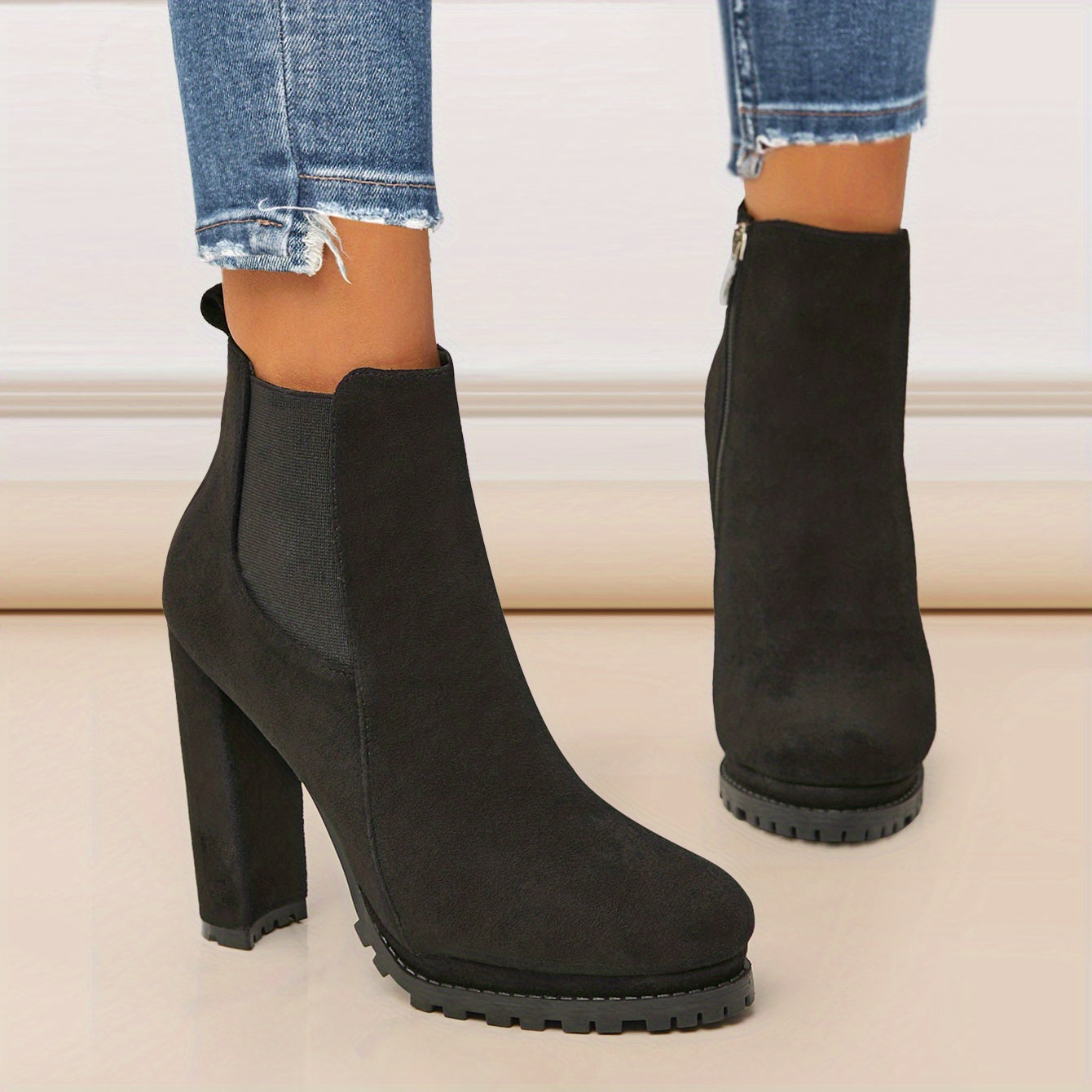 Women's Leather Pointed Toe Short Boots Side Zipper Chunky Heel