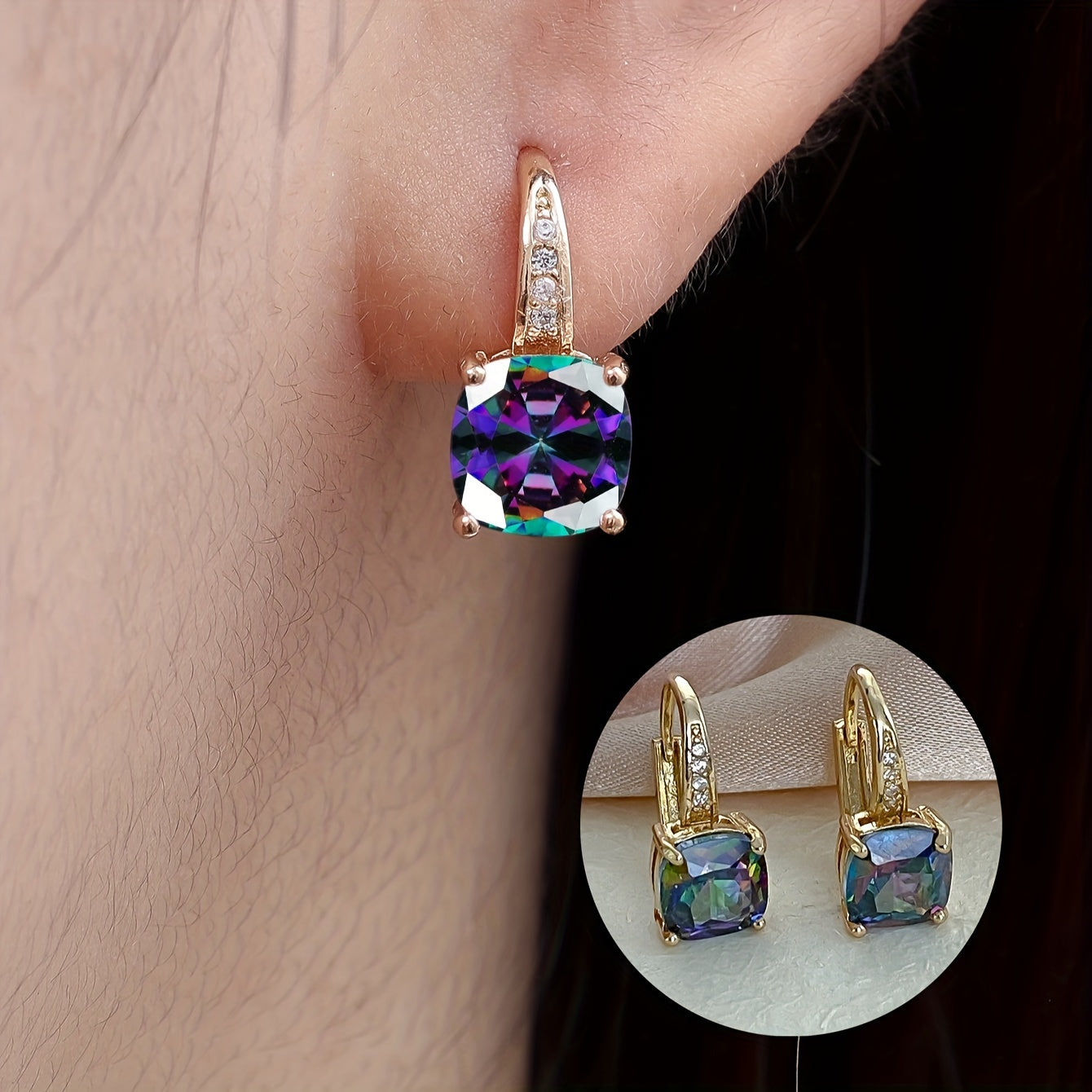 Ayollar uchun kvadrat shaklidagi kubik zirkoniy stud uzuklar, 18K oltin bilan qoplangan mis, moda zargarlik buyumlari