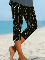 Women's Black and White Abstract Print Leggings with High Waist and Stretchy Fabric