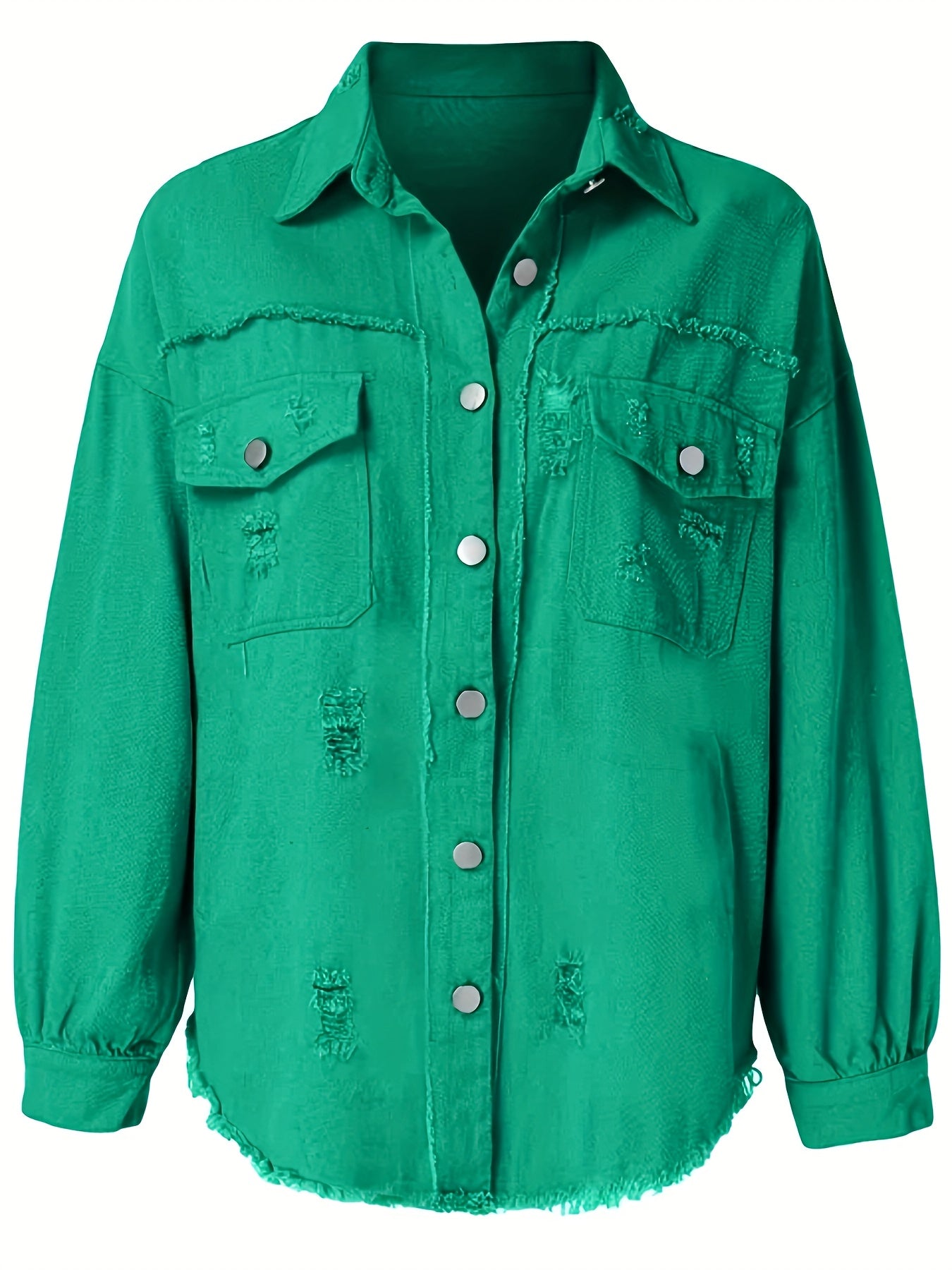 Women's Plus Size Distressed Denim Shirt with Raw Hem and Flap Pockets