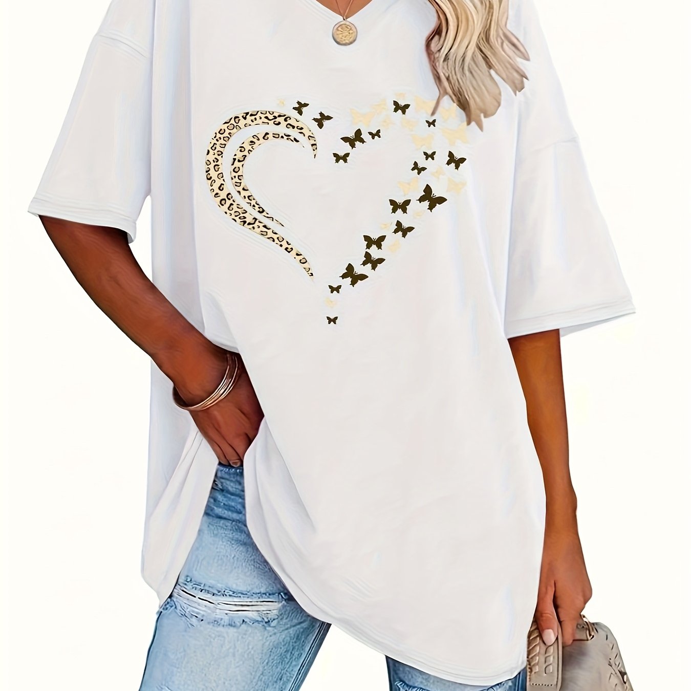 Women V-Neck Short Sleeve Loose T-Shirt Top for Spring Summer