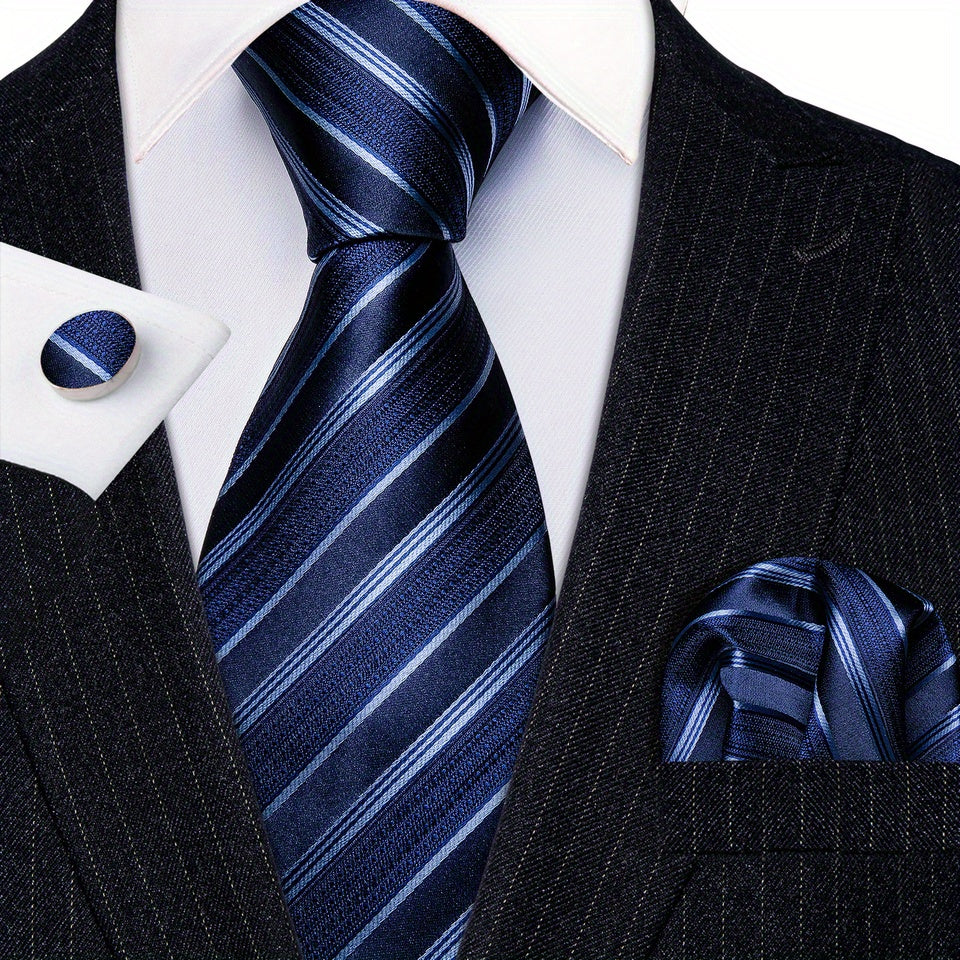 Men's Classic Striped Tie Set with Matching Handkerchief and Cufflinks for Formal and Casual Wear