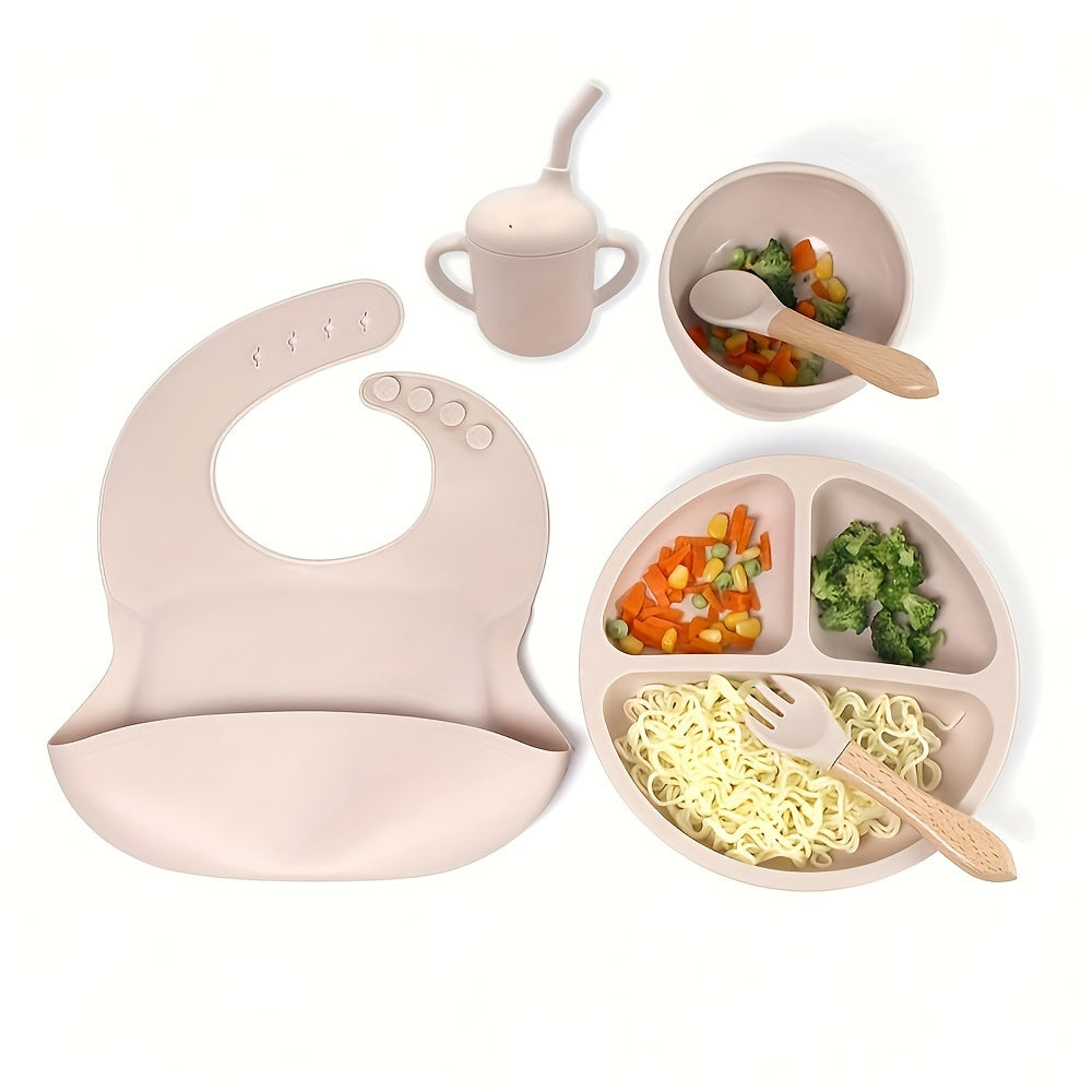 6-Piece Silicone Feeding Set with Divided Plate and Wooden Utensils for Self-Feeding
