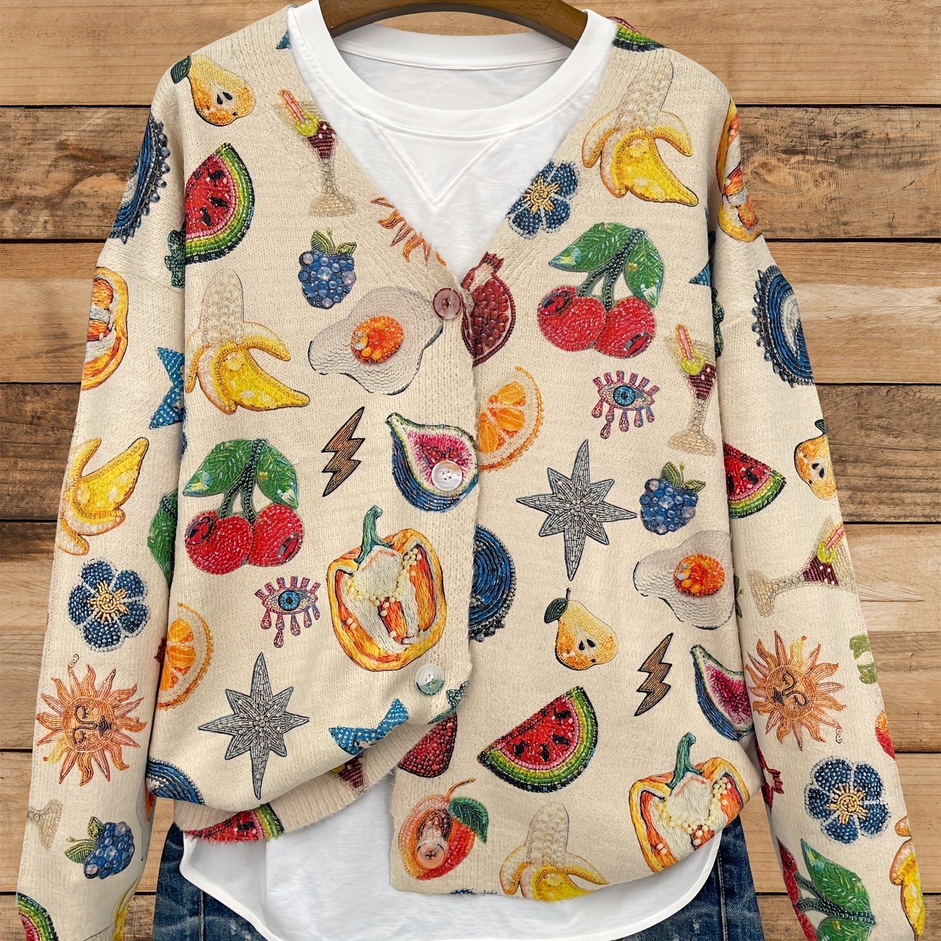 Plus Size Womens Fruit Print V-Neck Cardigan Long Sleeve Sweater Fall Winter Beige