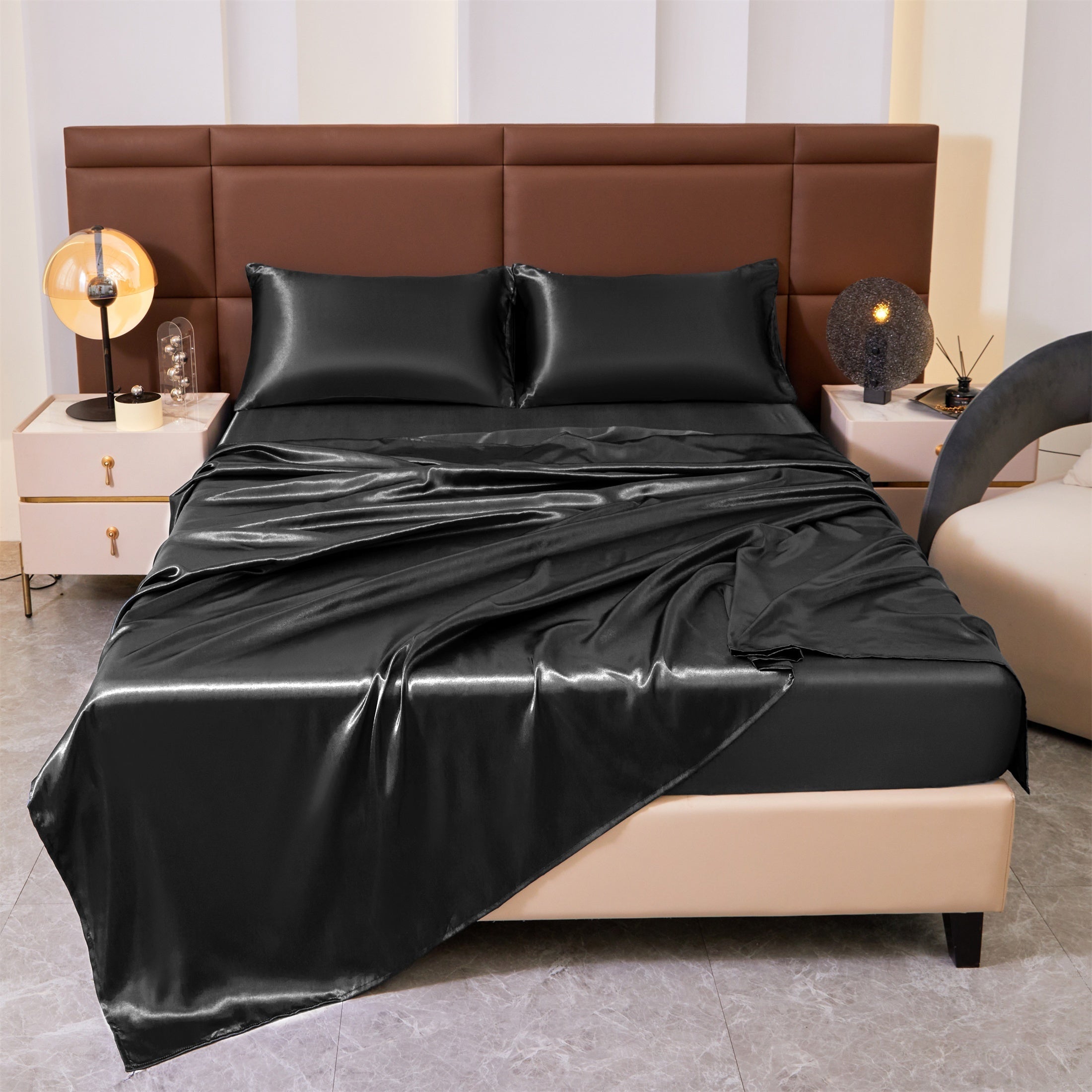 Set of Four Colored Bed Skirt, Sheet, and Pillowcase Bedding Set