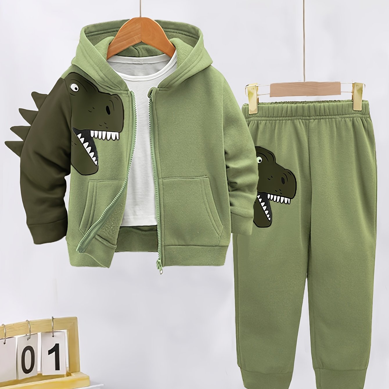 Boys' Dinosaur Print Hoodie and Jogger Set - Cozy Polyester Fall Winter Kids