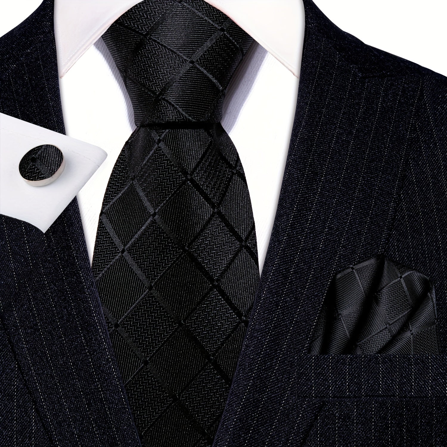 Perfect Gift: Matching Black Plaid Jacquard Tie, Cufflinks, and Pocket Square Towel Set for Parties, Weddings, and Proms