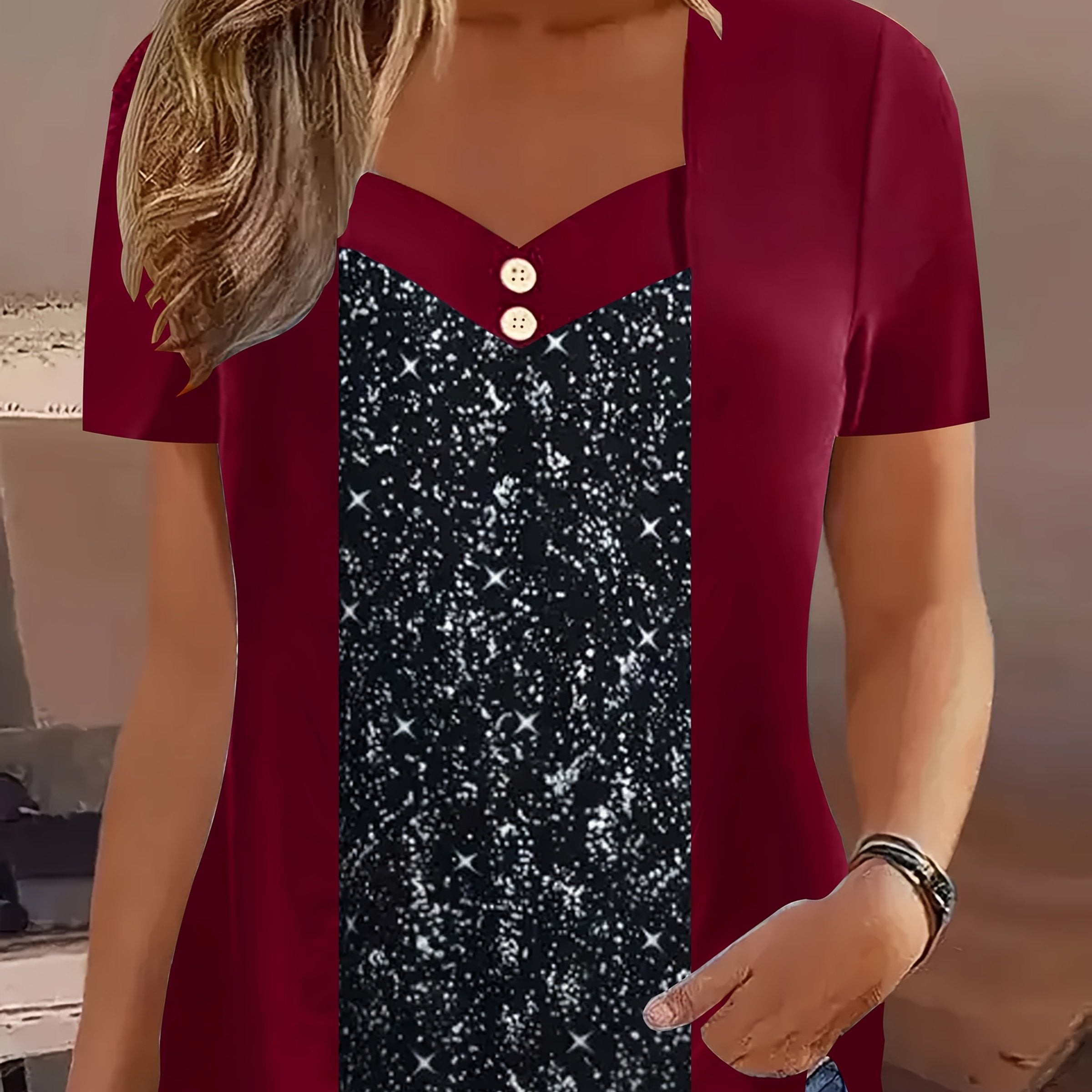 Women Plus Size V-Neck Short Sleeve T-Shirt with Galaxy Print Red Black